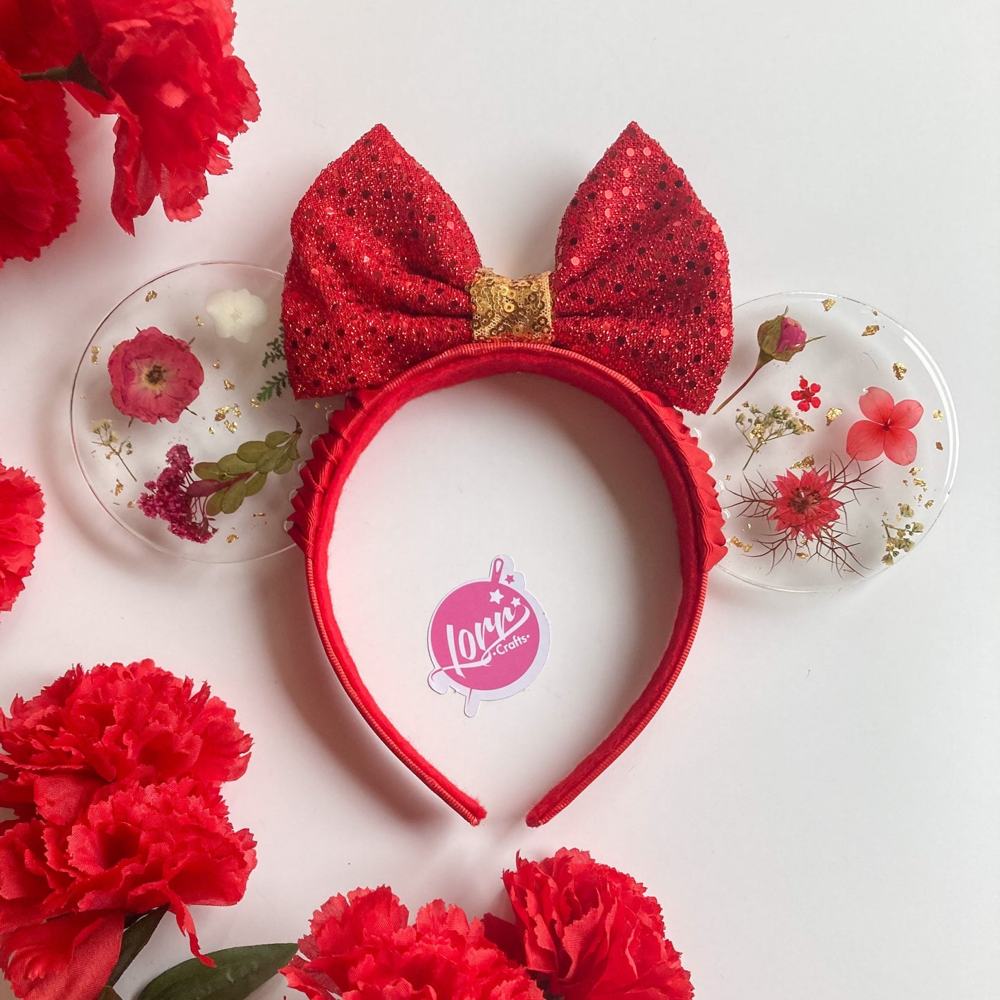 Resin pressed red flowers / flower and garden festival at epcot ears / red floral disney parks mouse ears