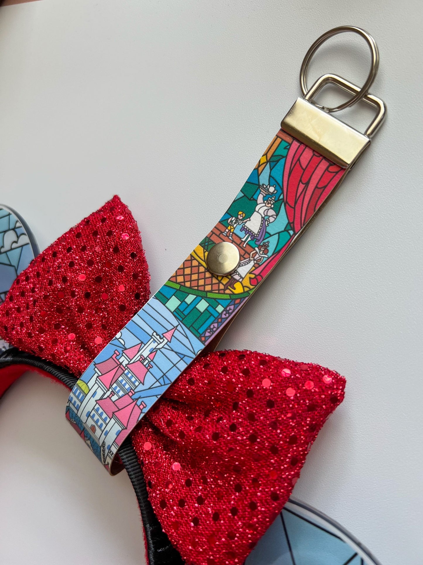 Minnie Mouse Ear holder, Stained glass beauty and the beast keychain/ purse, Backpack disney ear holder