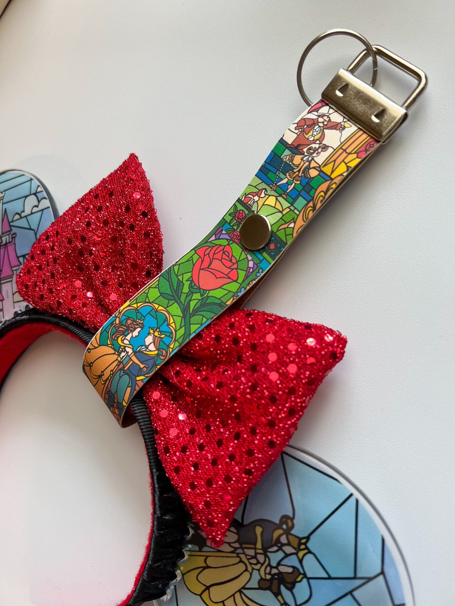 Minnie Mouse Ear holder, Stained glass beauty and the beast keychain/ purse, Backpack disney ear holder