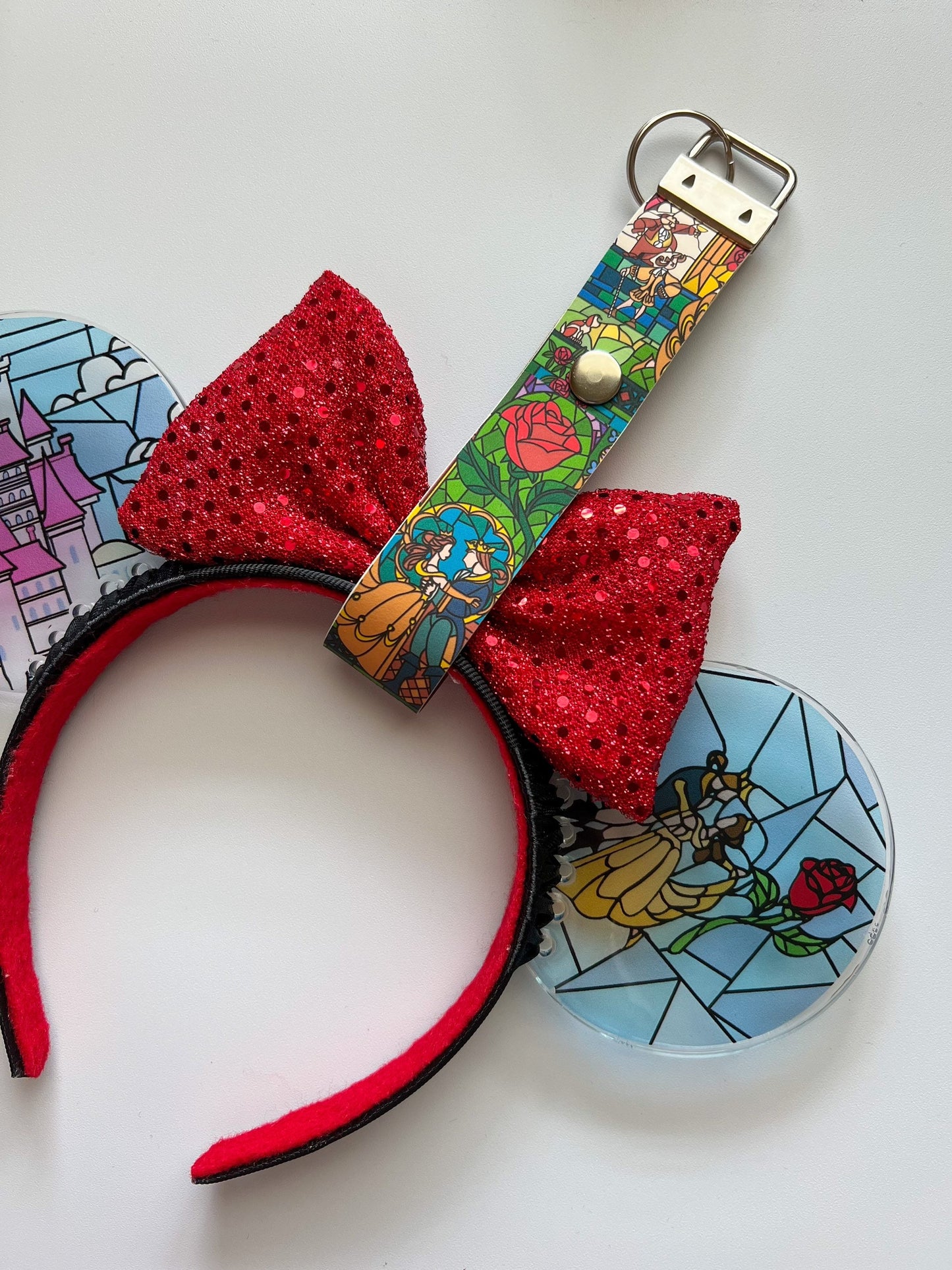 Minnie Mouse Ear holder, Stained glass beauty and the beast keychain/ purse, Backpack disney ear holder