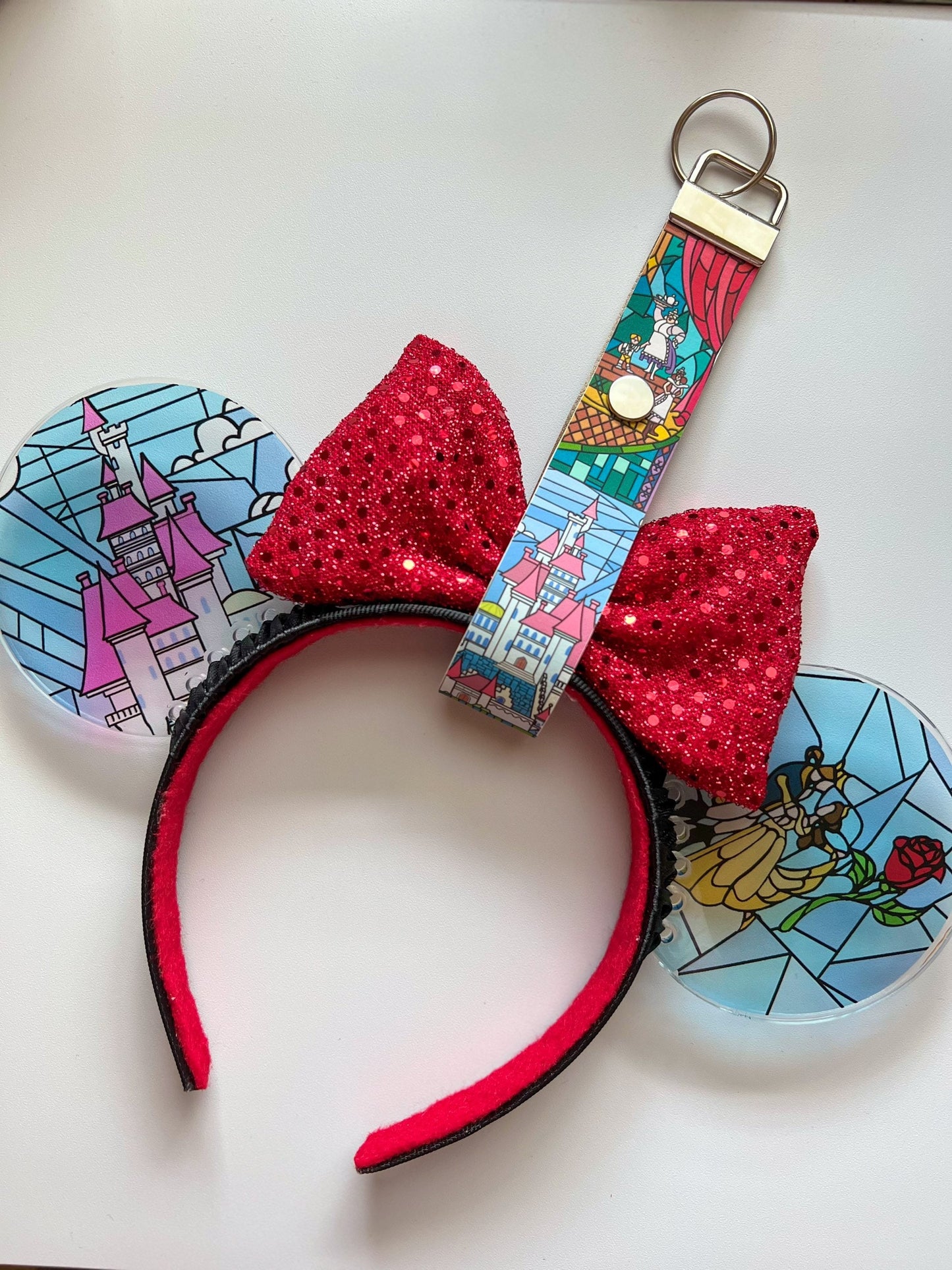 Minnie Mouse Ear holder, Stained glass beauty and the beast keychain/ purse, Backpack disney ear holder