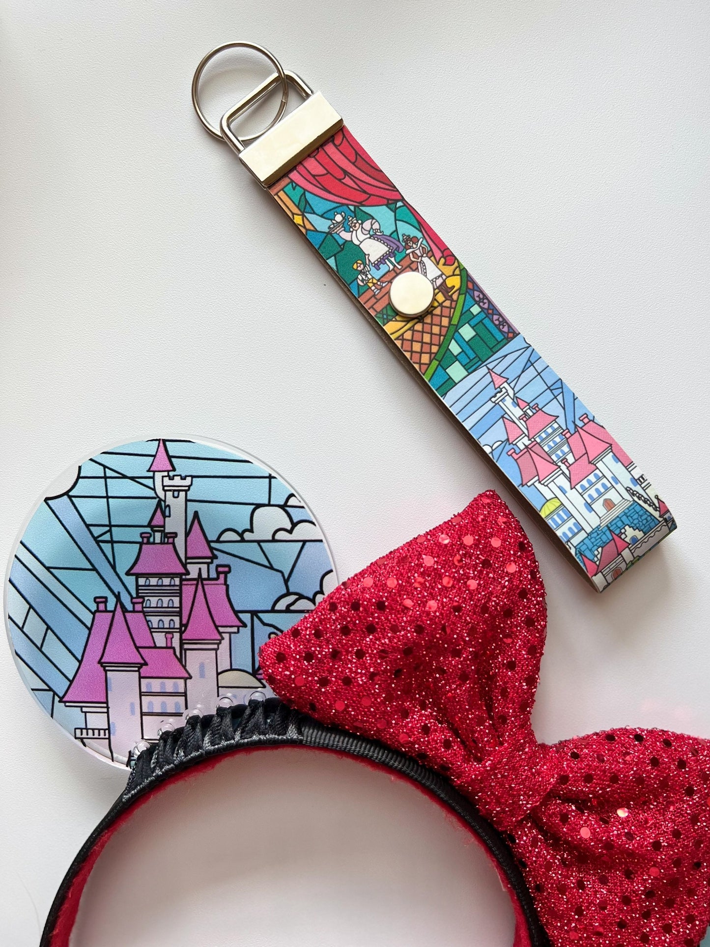 Minnie Mouse Ear holder, Stained glass beauty and the beast keychain/ purse, Backpack disney ear holder