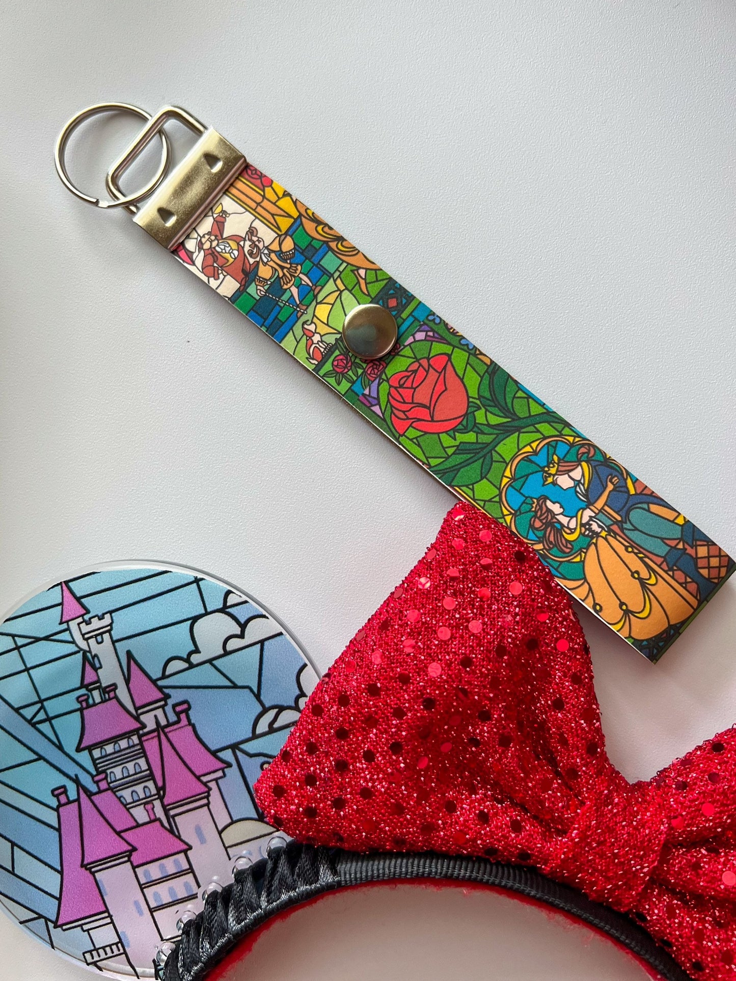Minnie Mouse Ear holder, Stained glass beauty and the beast keychain/ purse, Backpack disney ear holder