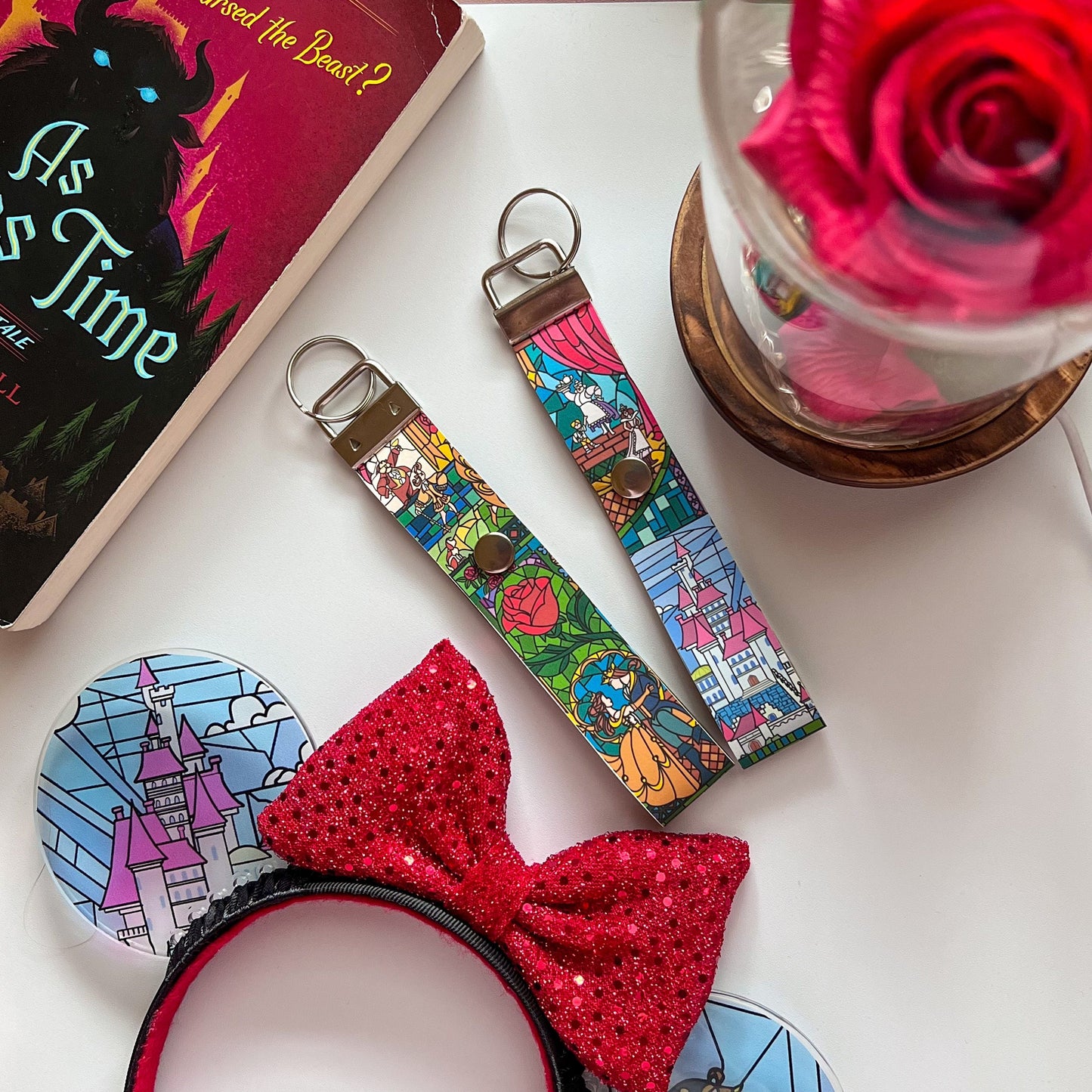 Minnie Mouse Ear holder, Stained glass beauty and the beast keychain/ purse, Backpack disney ear holder