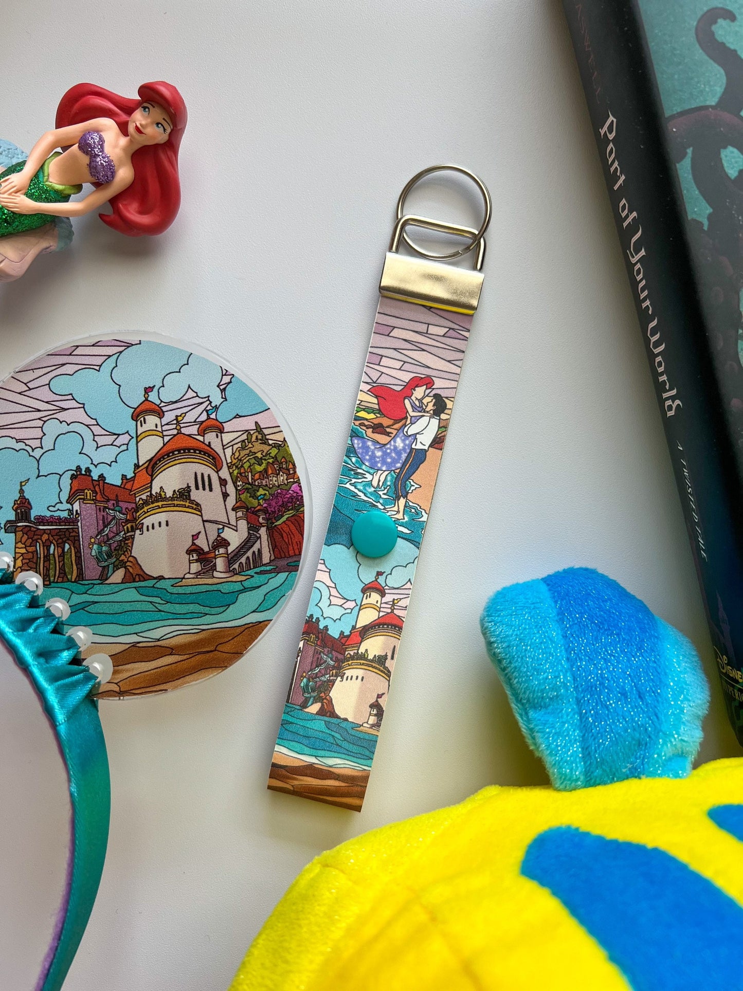 Minnie Ears Headband Holder Ariel and Eric keychain, stained glass little mermaid eat holder, Prince Eric keychain, ear saver for backpack
