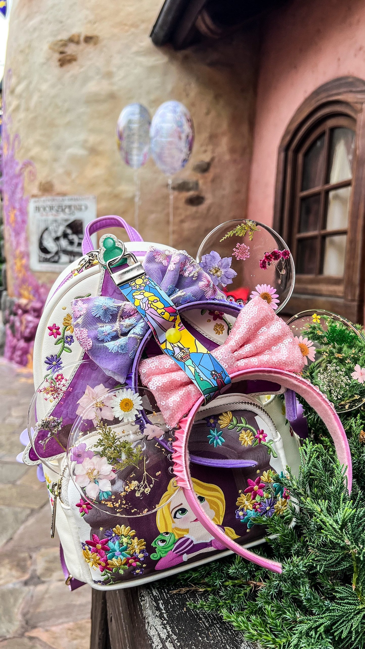 Rapunzel stained glass keychain/ tangled ear holder/Disney park mouse ear backpack holder