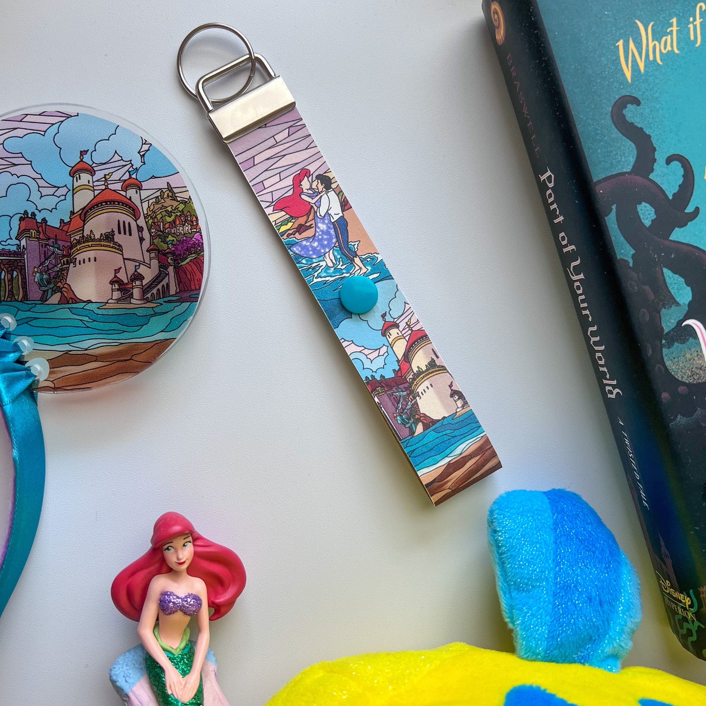 Minnie Ears Headband Holder Ariel and Eric keychain, stained glass little mermaid eat holder, Prince Eric keychain, ear saver for backpack