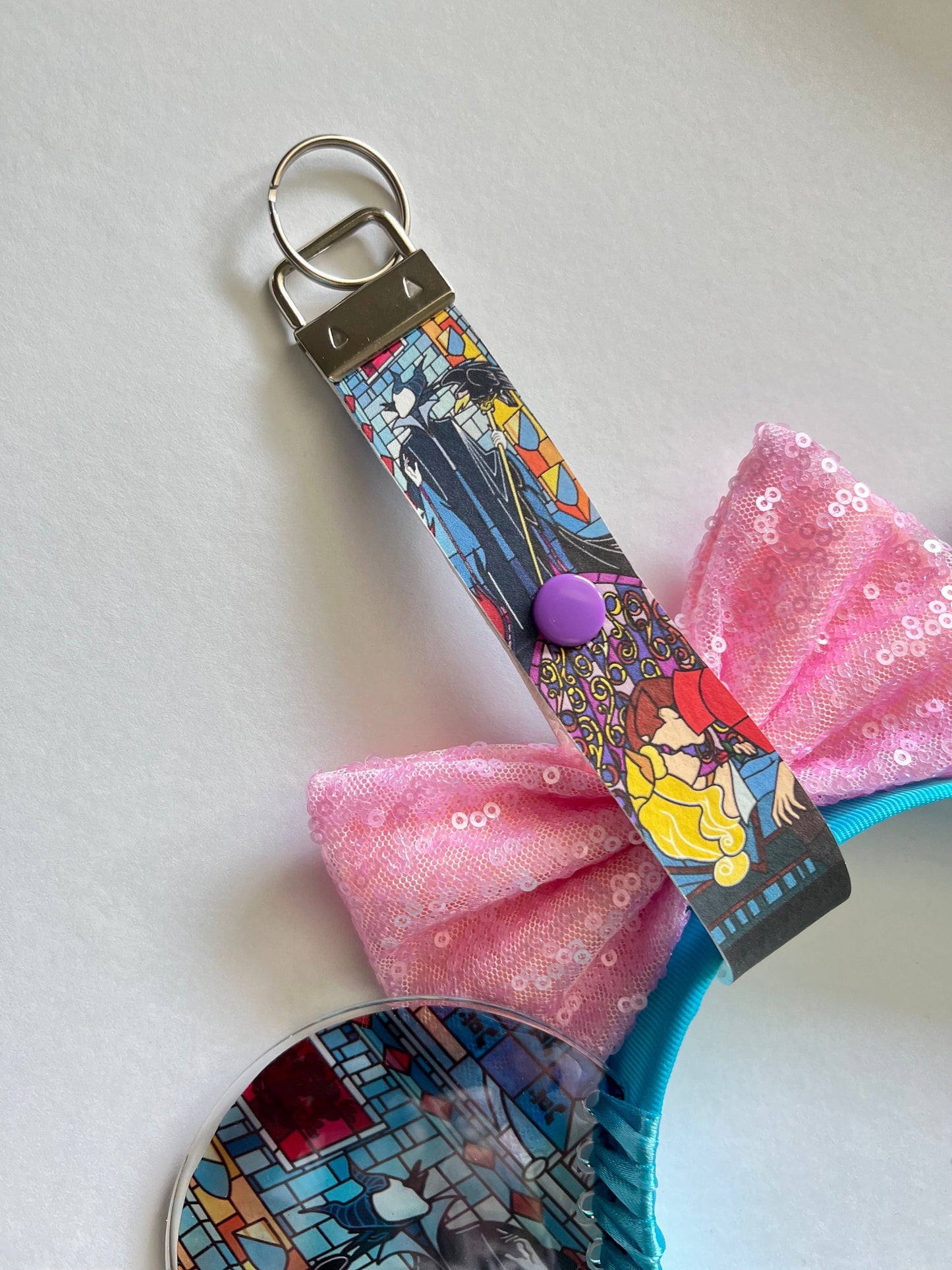 Stained glass inspired Sleeping beauty mouse ear headband holder Maleficent, Keychain, Ear Saver for Backpack Purse Disneyland Paris windows