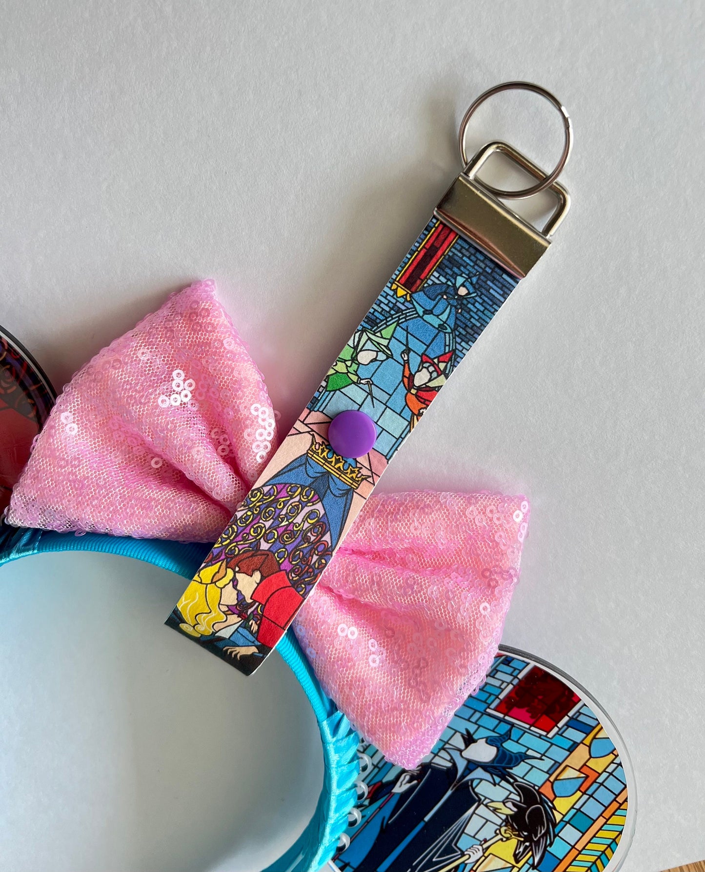 Stained glass inspired Sleeping beauty mouse ear headband holder Maleficent, Keychain, Ear Saver for Backpack Purse Disneyland Paris windows