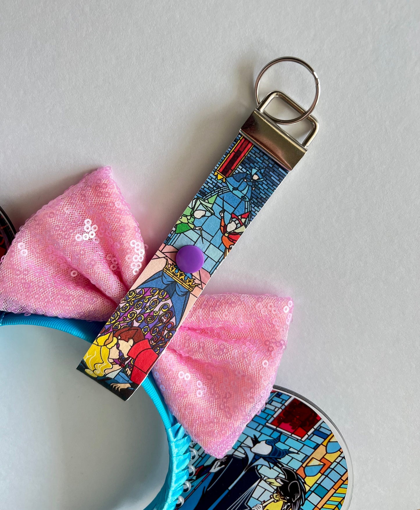 Stained glass inspired Sleeping beauty mouse ear headband holder Maleficent, Keychain, Ear Saver for Backpack Purse Disneyland Paris windows