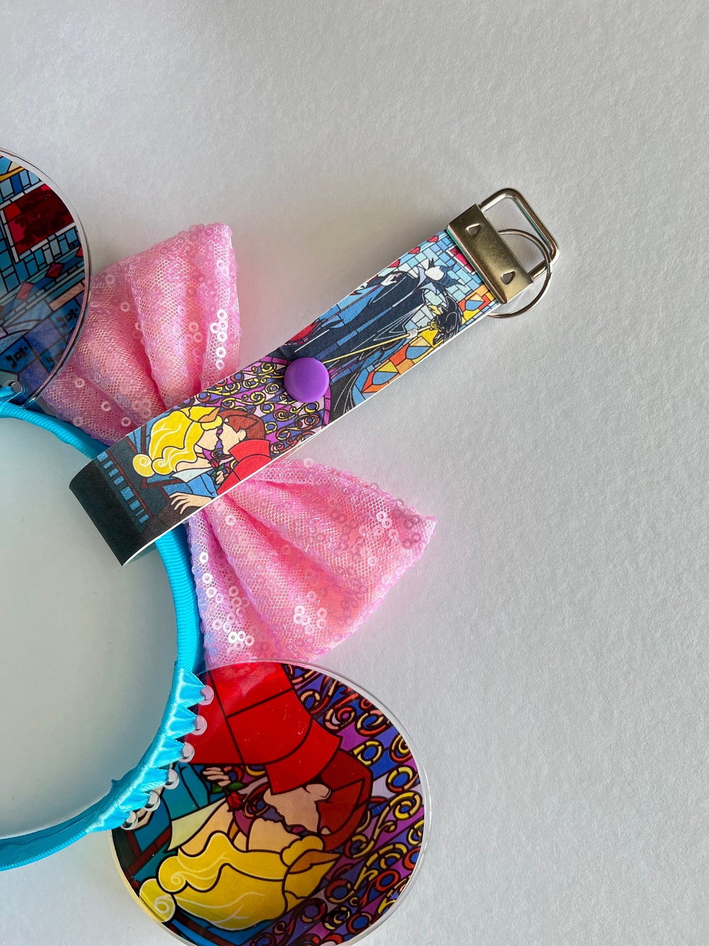 Stained glass inspired Sleeping beauty mouse ear headband holder Maleficent, Keychain, Ear Saver for Backpack Purse Disneyland Paris windows