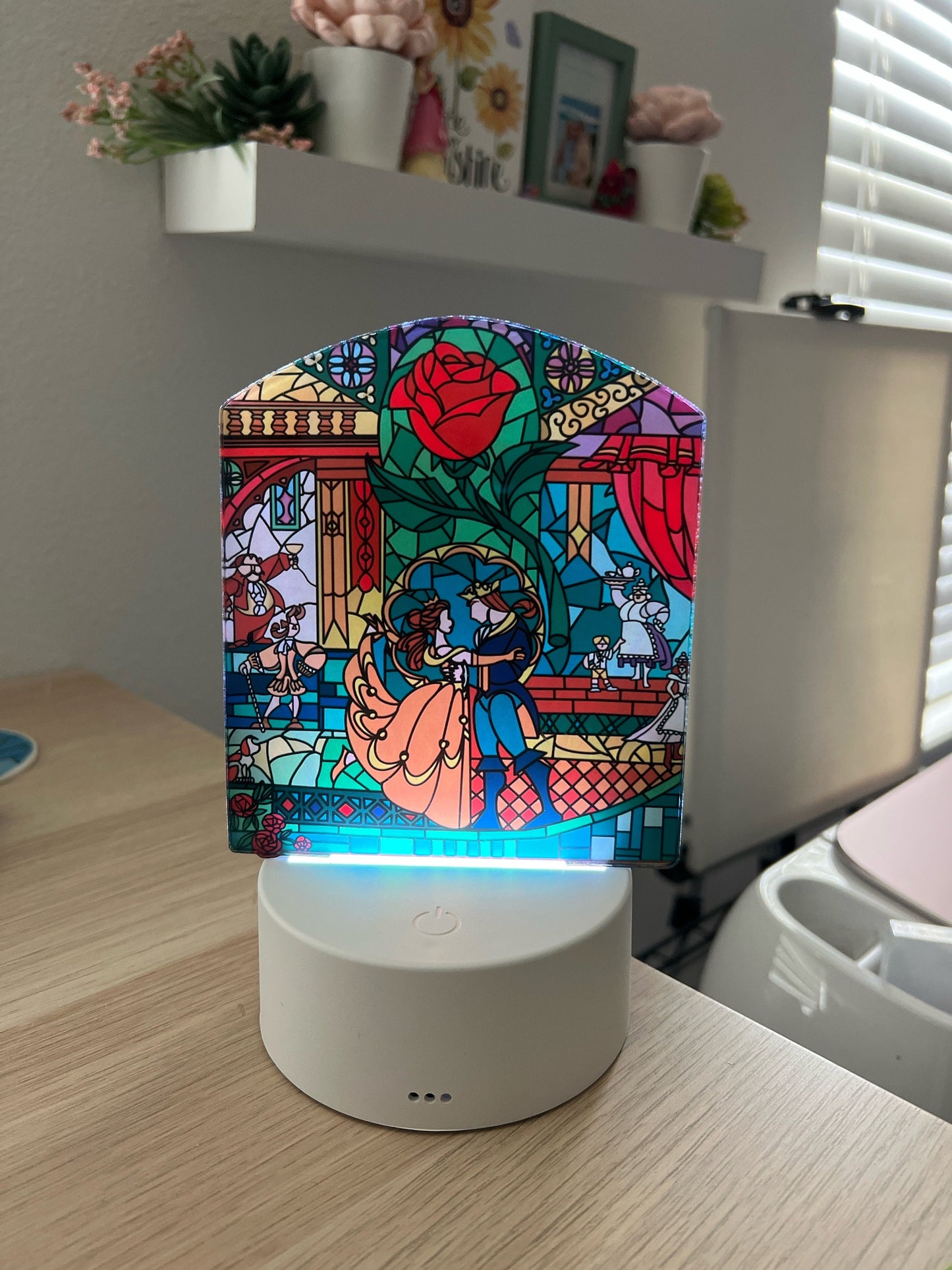 Enchanted Rose LED Lamp | Stained Glass Beauty and the Beast Color-Changing Light | Fairytale Home Décor