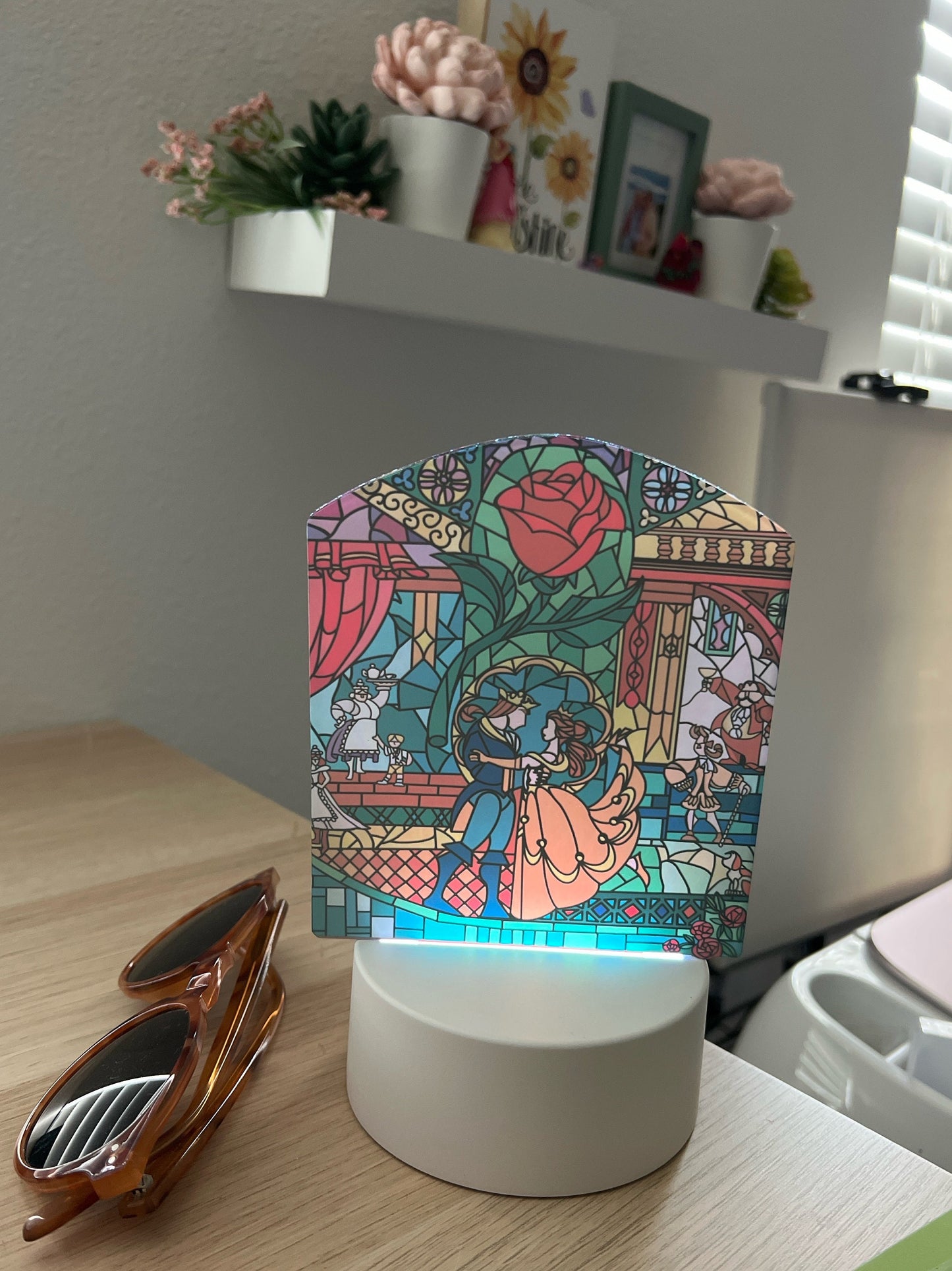 Enchanted Rose LED Lamp | Stained Glass Beauty and the Beast Color-Changing Light | Fairytale Home Décor