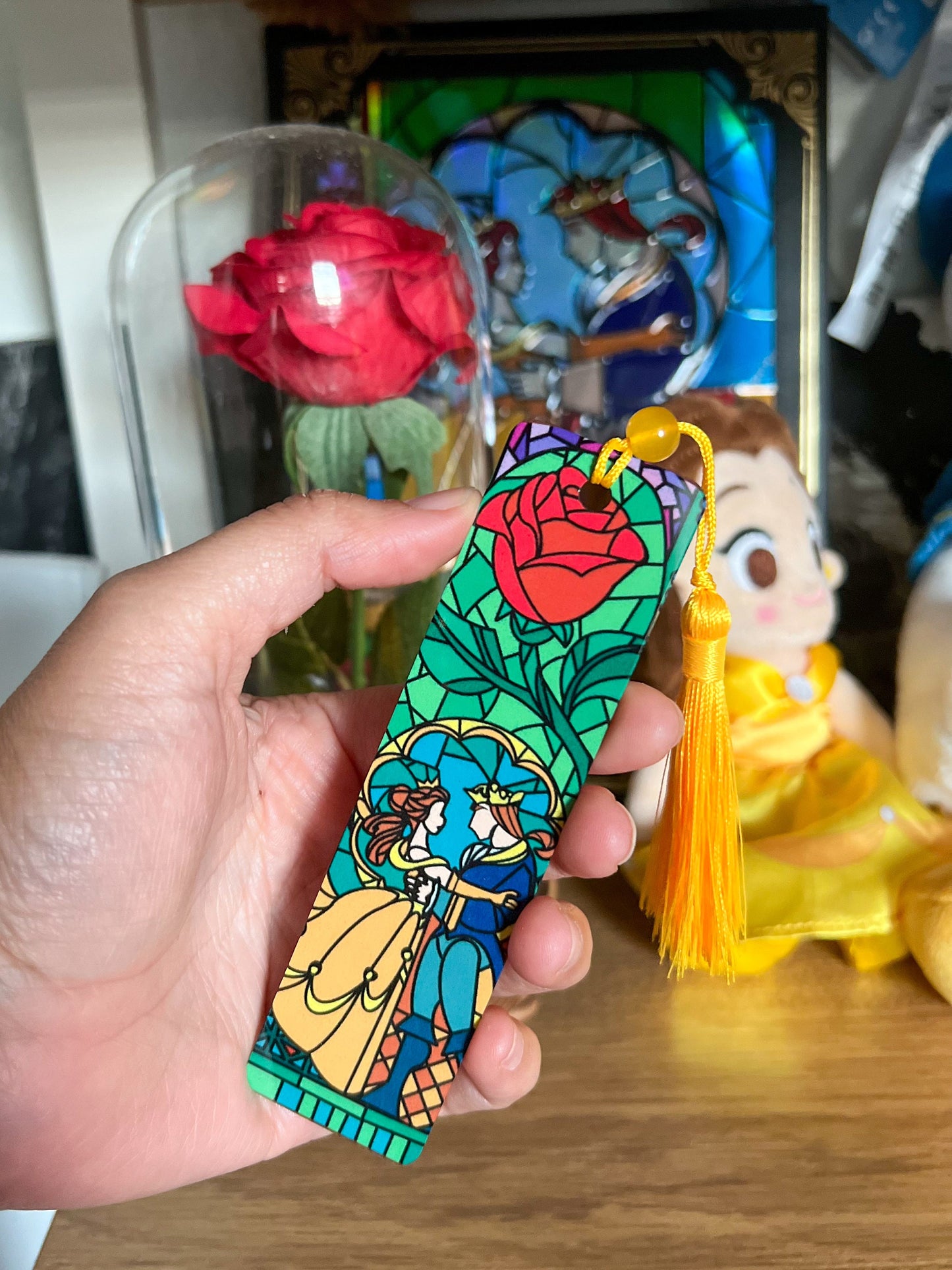 Beauty and the beast bookmark, Disney Handmade gift, Be our guest stained glass window, Belle Bookmark.