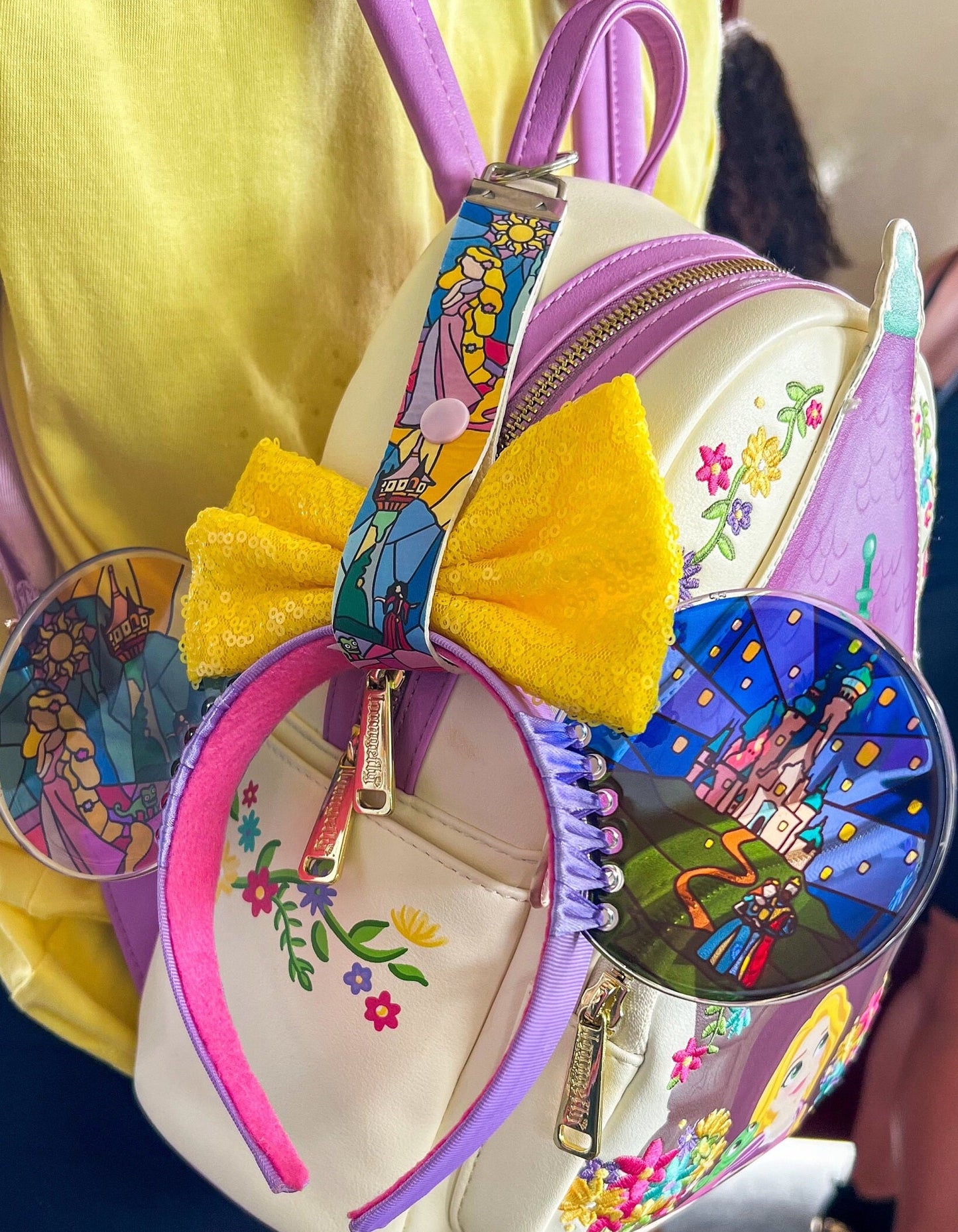 Rapunzel stained glass keychain/ tangled ear holder/Disney park mouse ear backpack holder