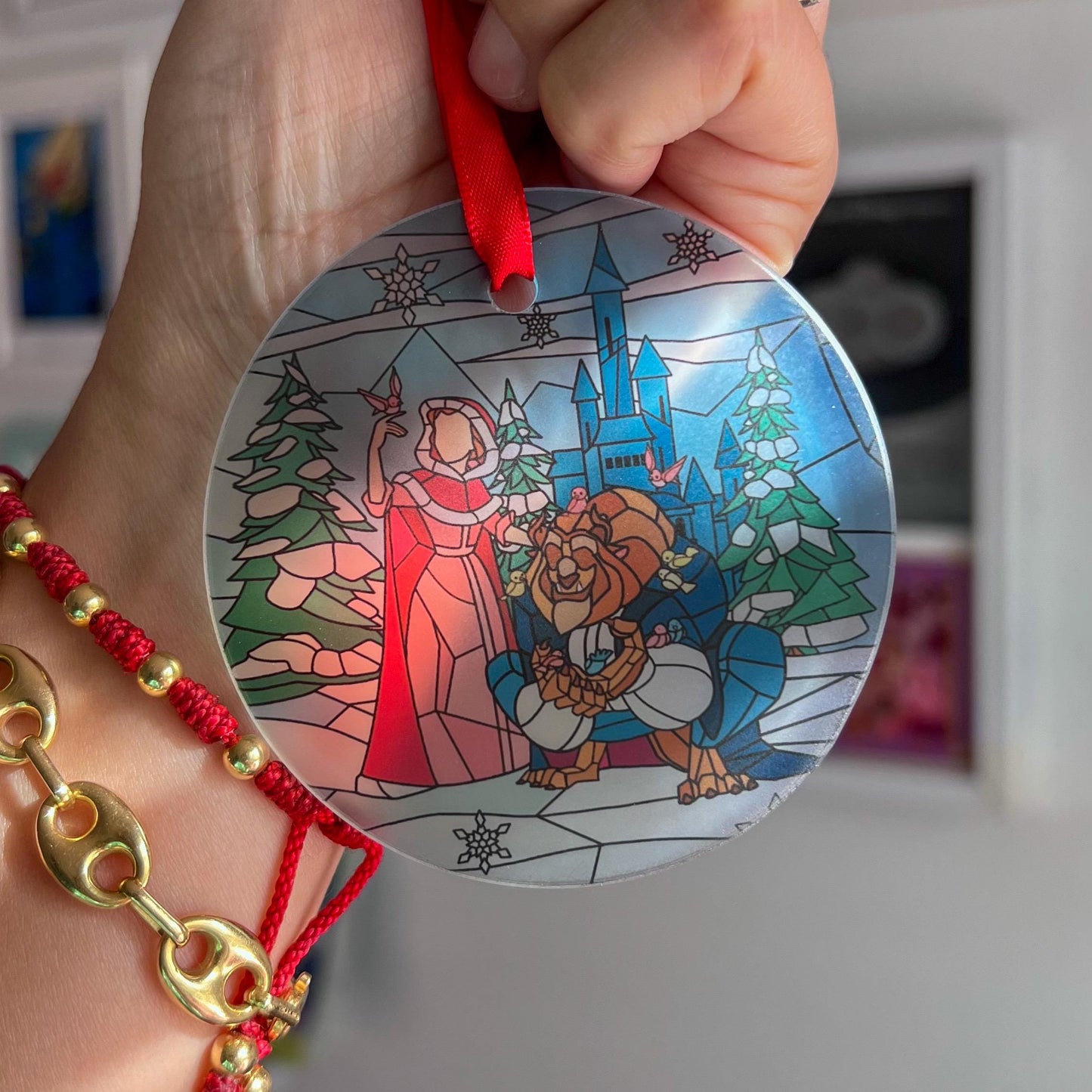 Beauty and the beast Ornament / Stained glass ornament/ Christmas tree glass ornament