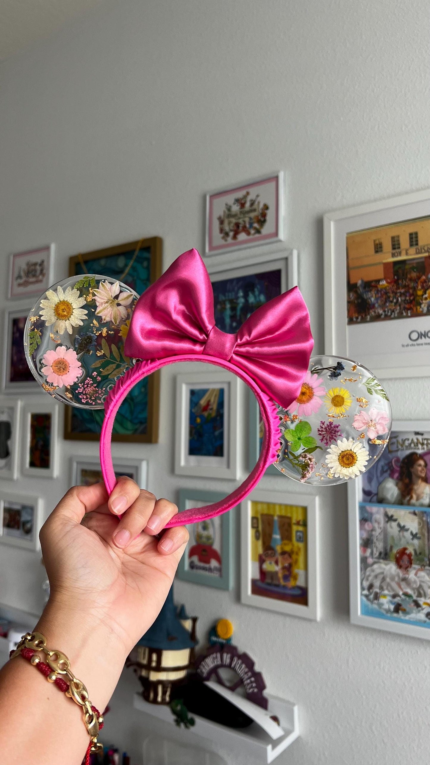 Resin pressed hard pink flowers mouse ears / Resin dried flowers / fuchsia disney floral mouse ears/ flower & garden festival ears