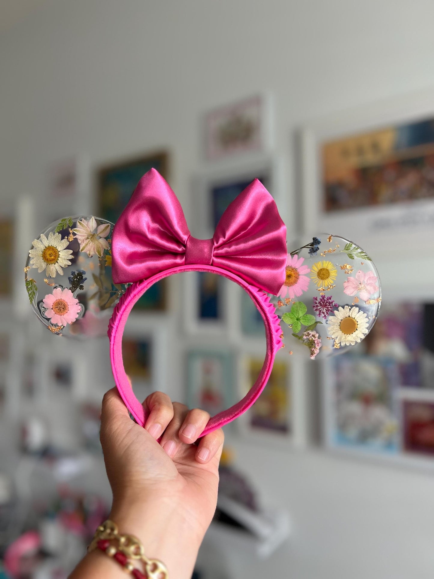 Resin pressed hard pink flowers mouse ears / Resin dried flowers / fuchsia disney floral mouse ears/ flower & garden festival ears