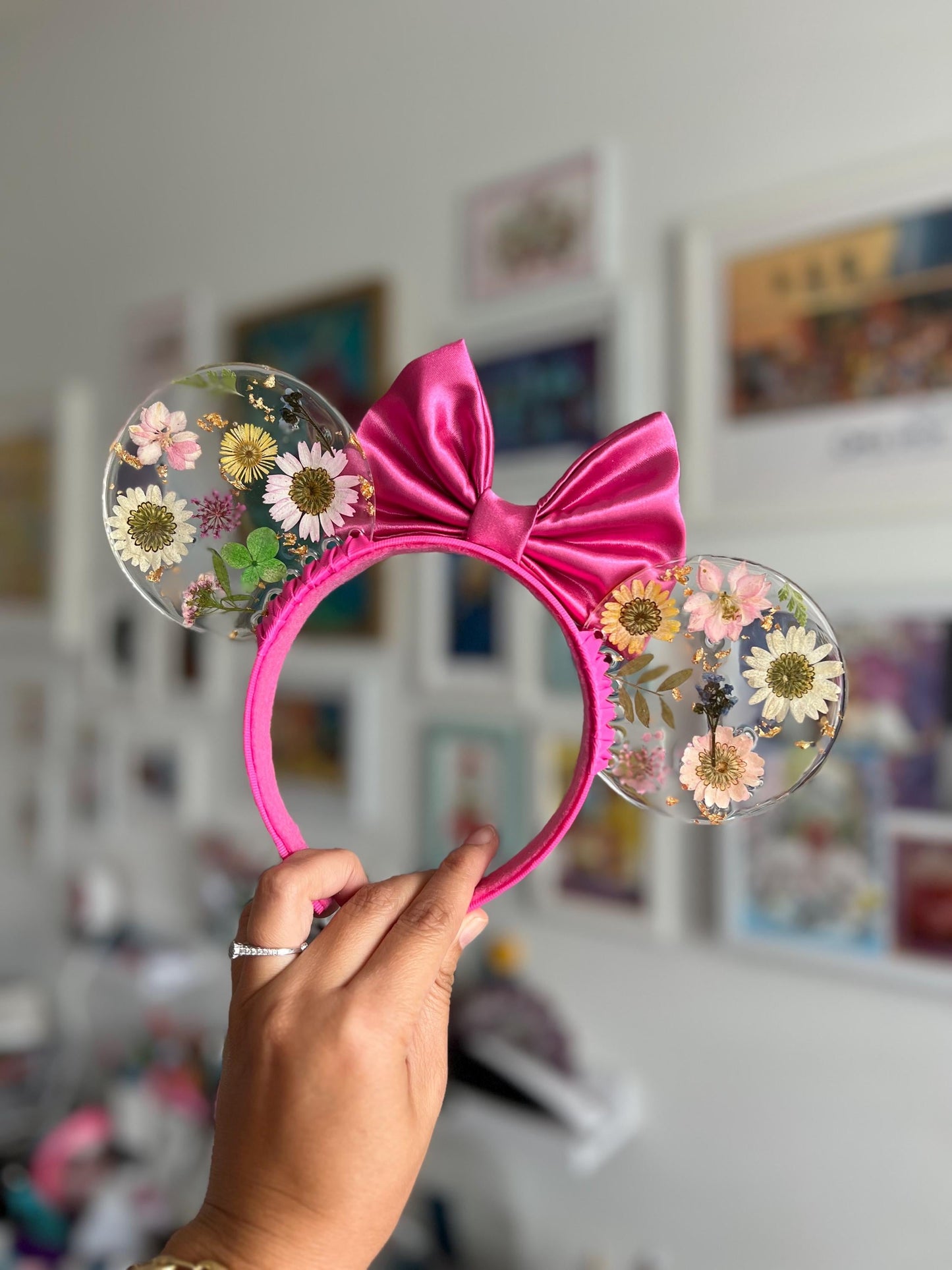 Resin pressed hard pink flowers mouse ears / Resin dried flowers / fuchsia disney floral mouse ears/ flower & garden festival ears