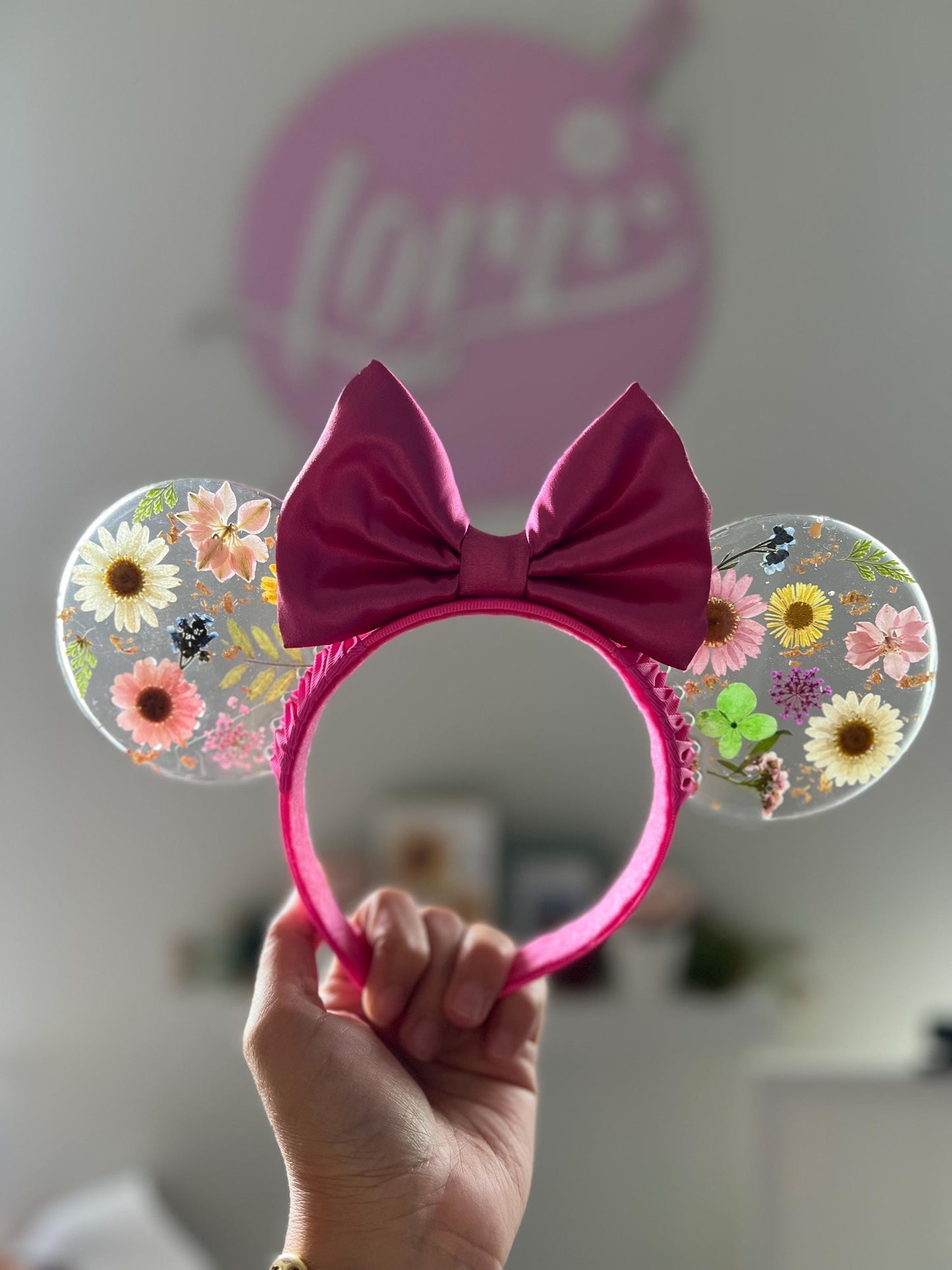 Resin pressed hard pink flowers mouse ears / Resin dried flowers / fuchsia disney floral mouse ears/ flower & garden festival ears