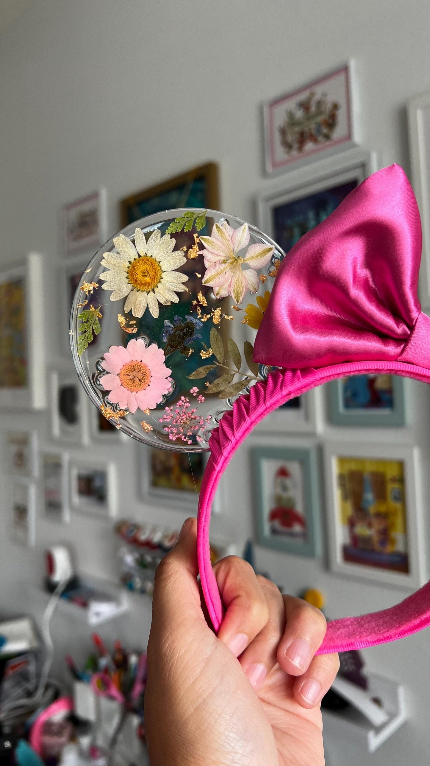 Resin pressed hard pink flowers mouse ears / Resin dried flowers / fuchsia disney floral mouse ears/ flower & garden festival ears
