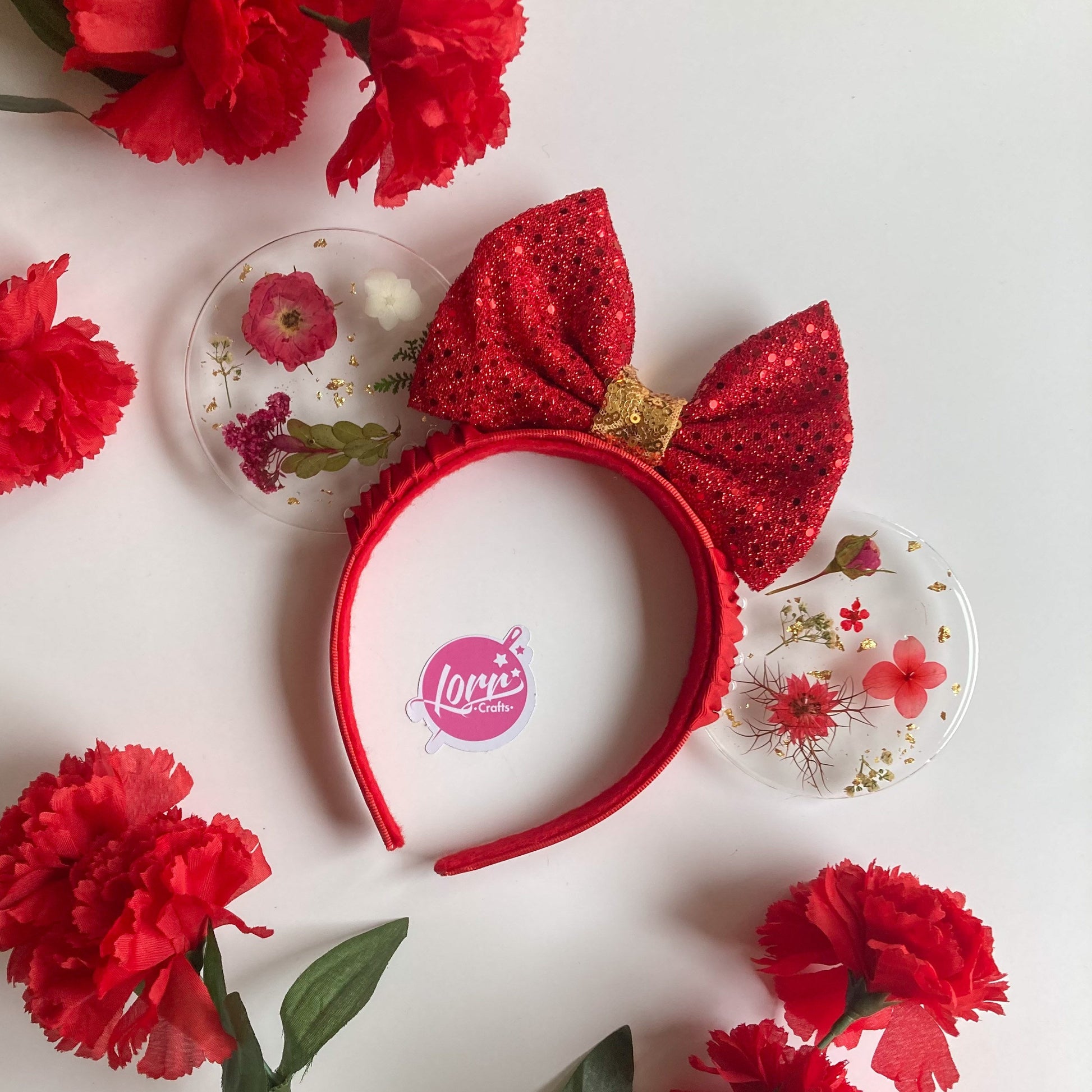Resin pressed red flowers / flower and garden festival at epcot ears / red floral disney parks mouse ears