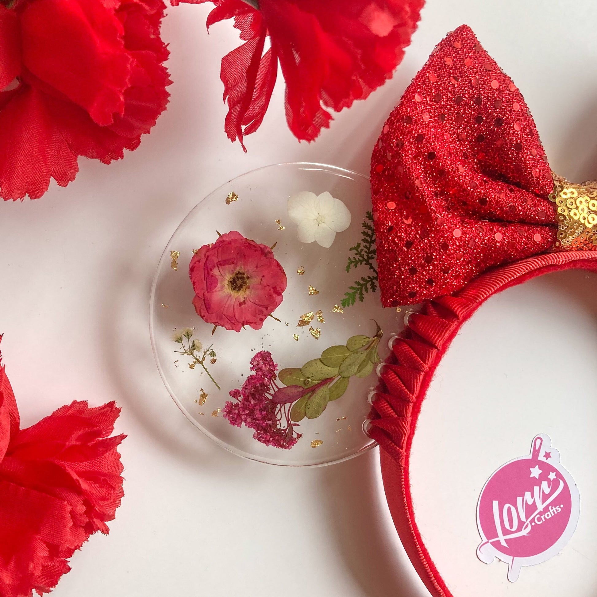 Resin pressed red flowers / flower and garden festival at epcot ears / red floral disney parks mouse ears