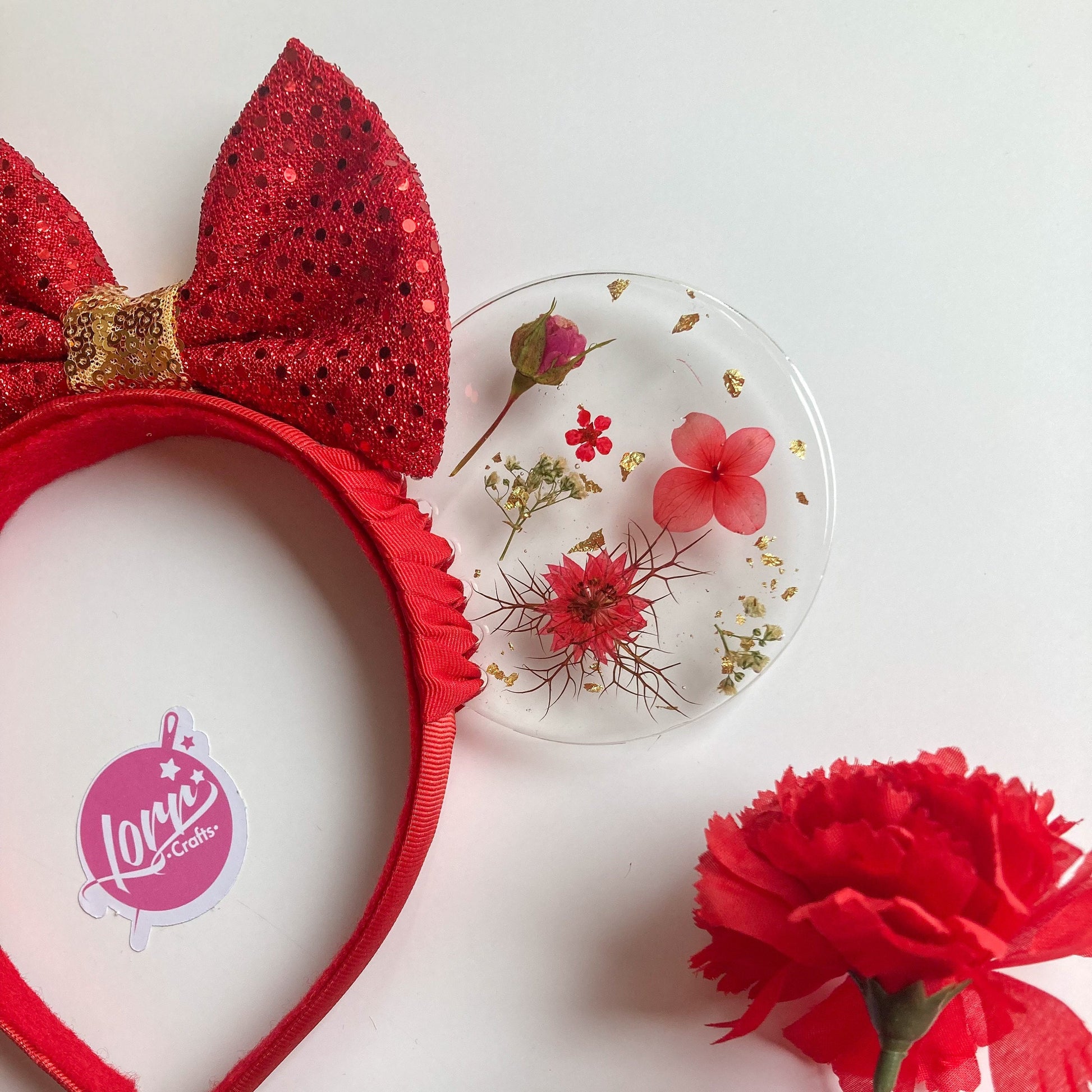 Resin pressed red flowers / flower and garden festival at epcot ears / red floral disney parks mouse ears
