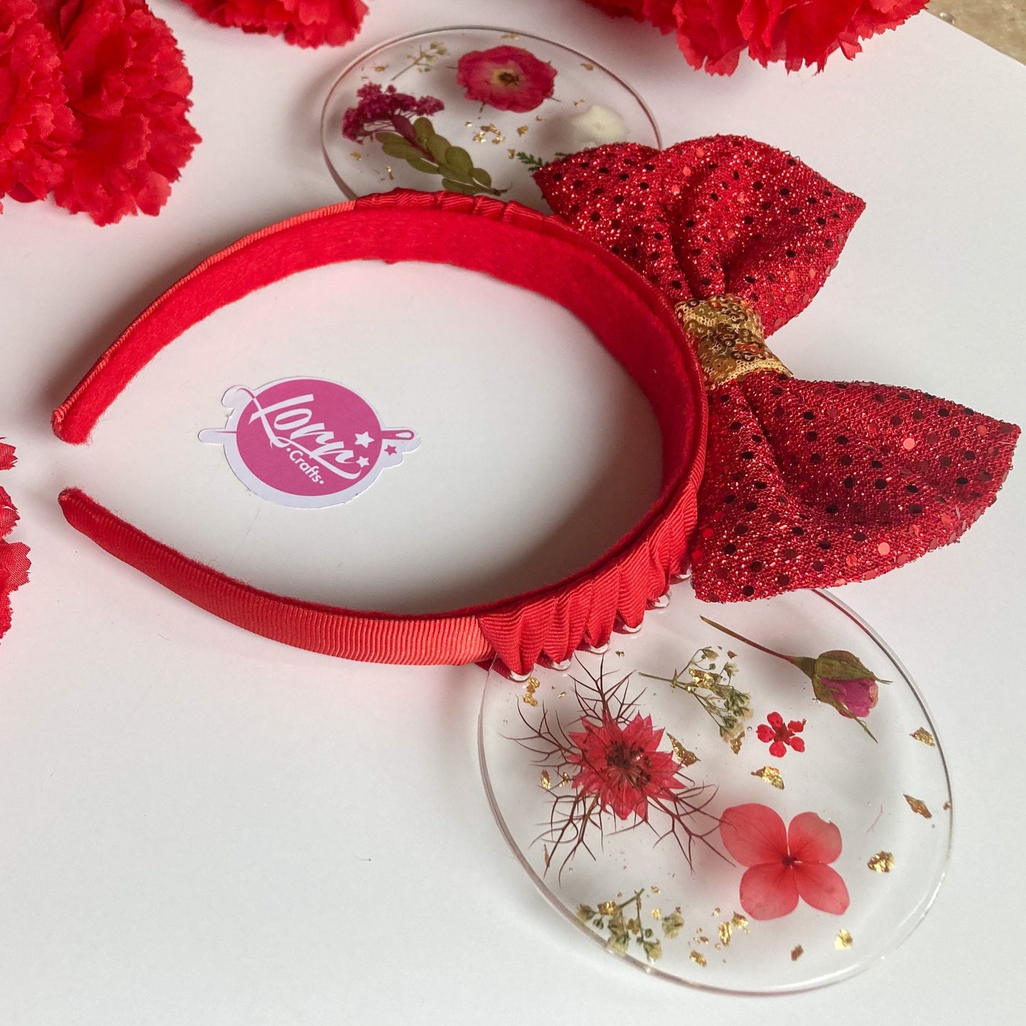 Resin pressed red flowers / flower and garden festival at epcot ears / red floral disney parks mouse ears