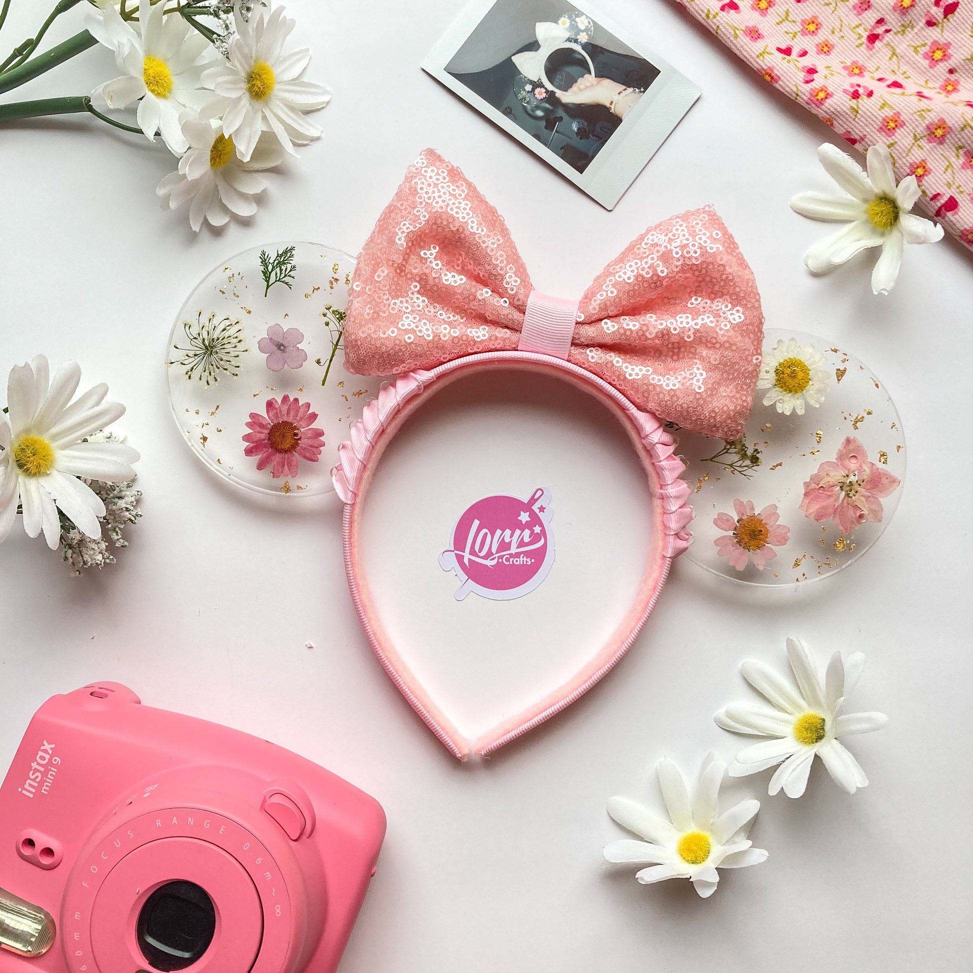 Resin pressed pink flowers mouse ears / Resin dried flowers / pink disney floral mouse ears/ flower & garden festival ears