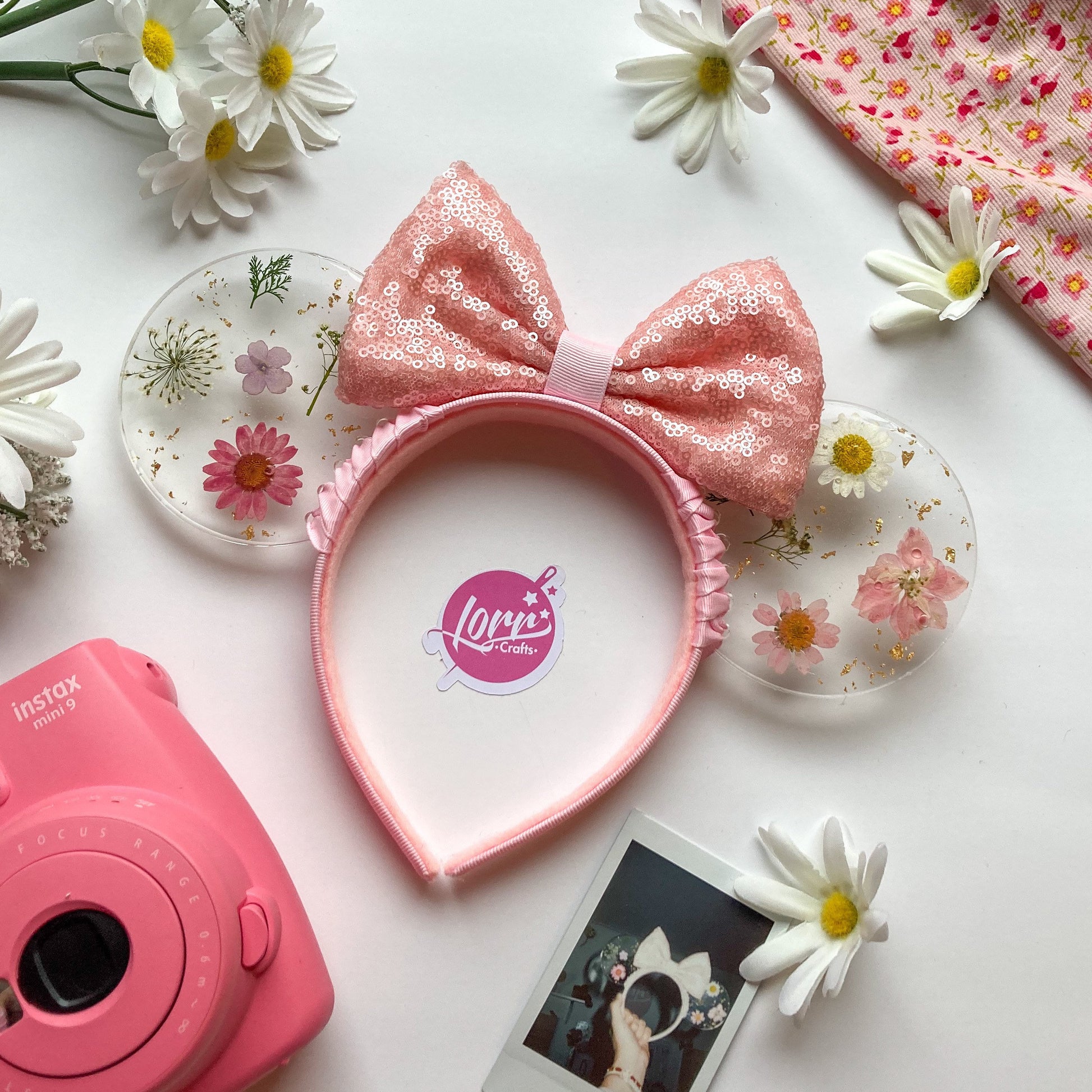 Resin pressed pink flowers mouse ears / Resin dried flowers / pink disney floral mouse ears/ flower & garden festival ears
