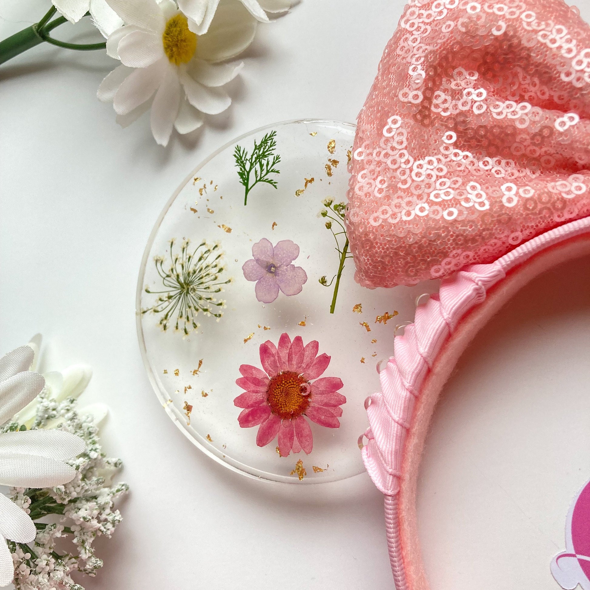 Resin pressed pink flowers mouse ears / Resin dried flowers / pink disney floral mouse ears/ flower & garden festival ears