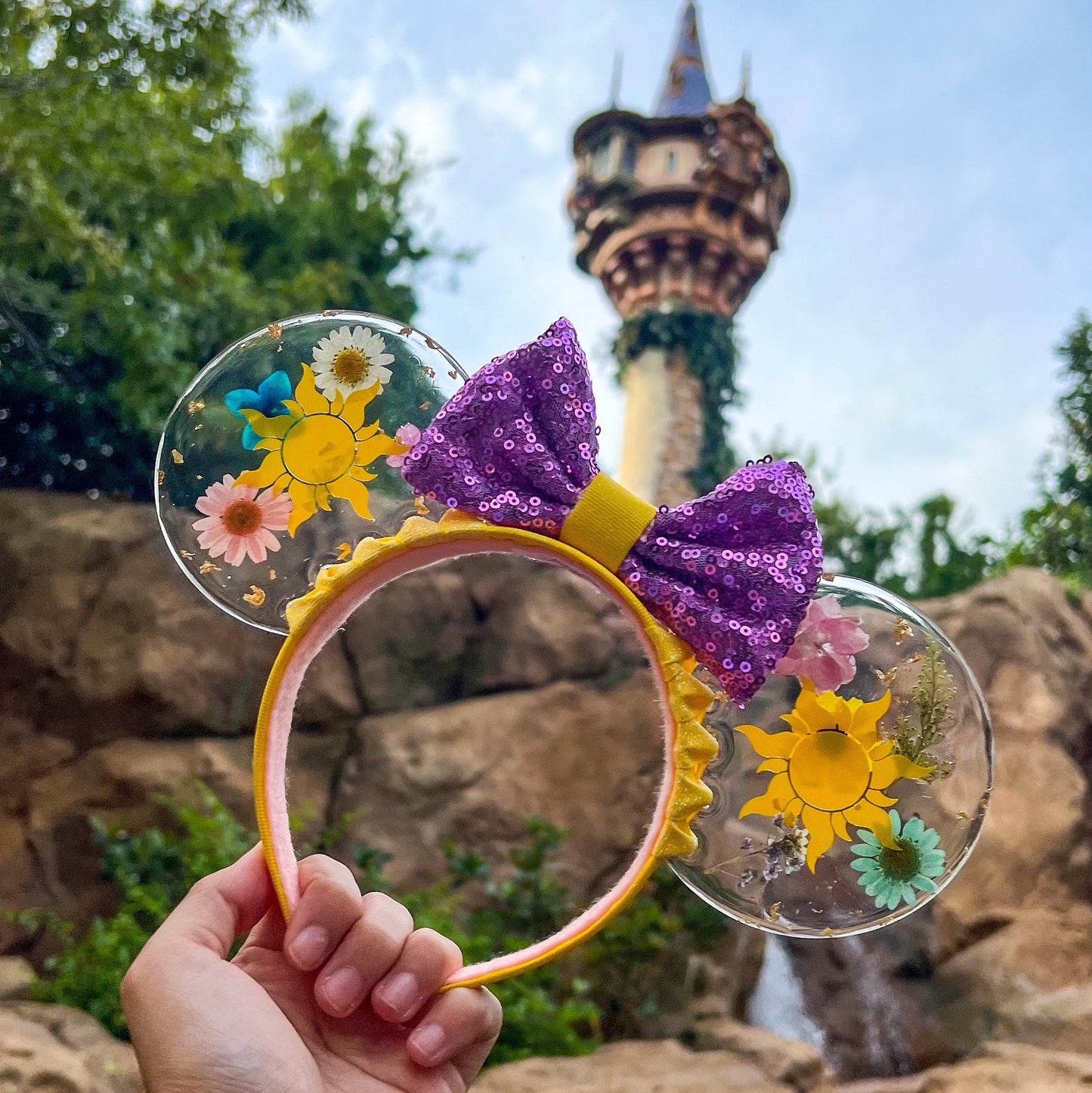 Resin pressed flowers Rapunzel inspired mouse ears/ tangled ears /