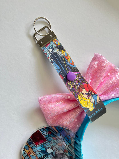 Stained glass inspired Sleeping beauty mouse ear headband holder Maleficent, Keychain, Ear Saver for Backpack Purse Disneyland Paris windows