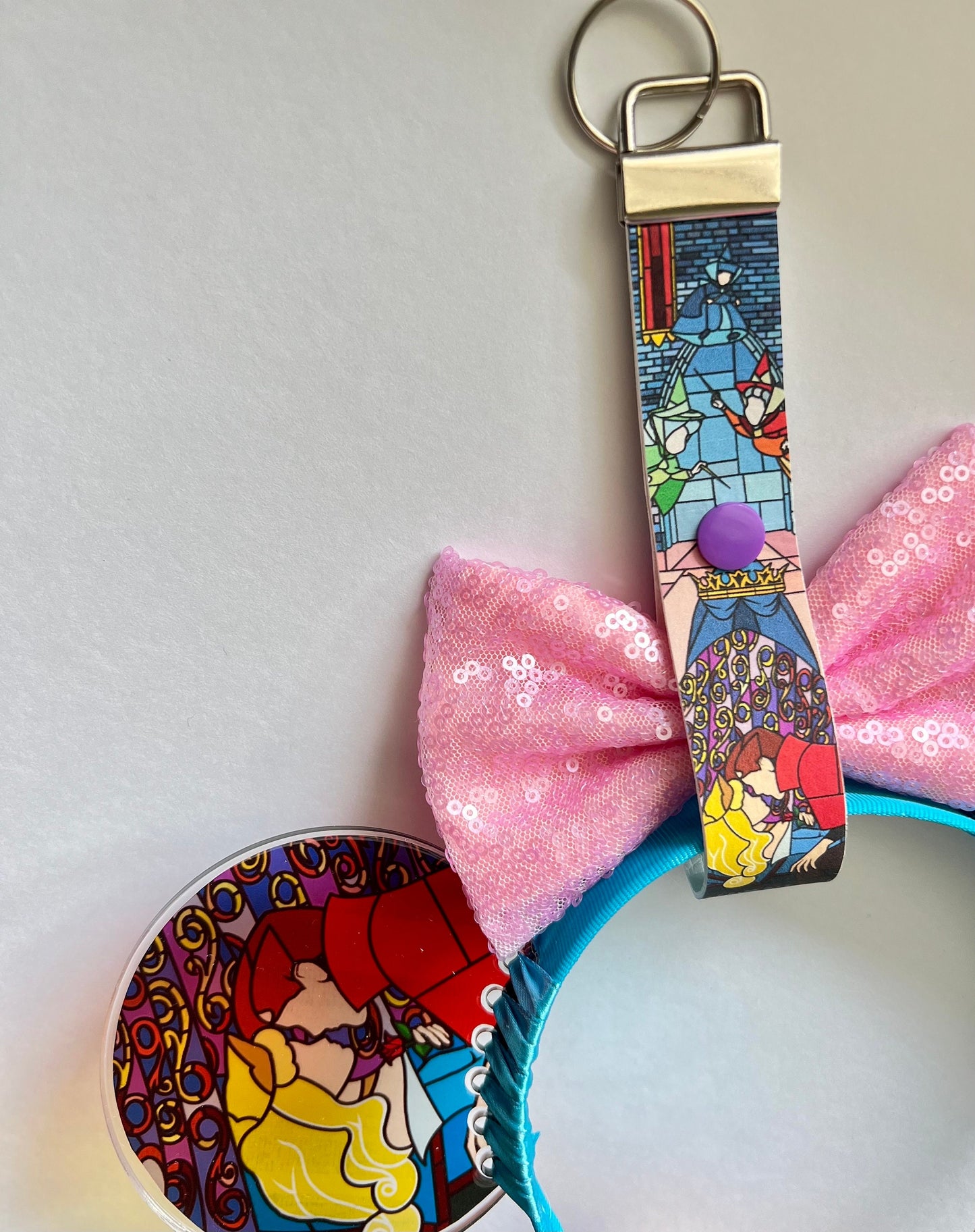 Stained glass inspired Sleeping beauty mouse ear headband holder Maleficent, Keychain, Ear Saver for Backpack Purse Disneyland Paris windows