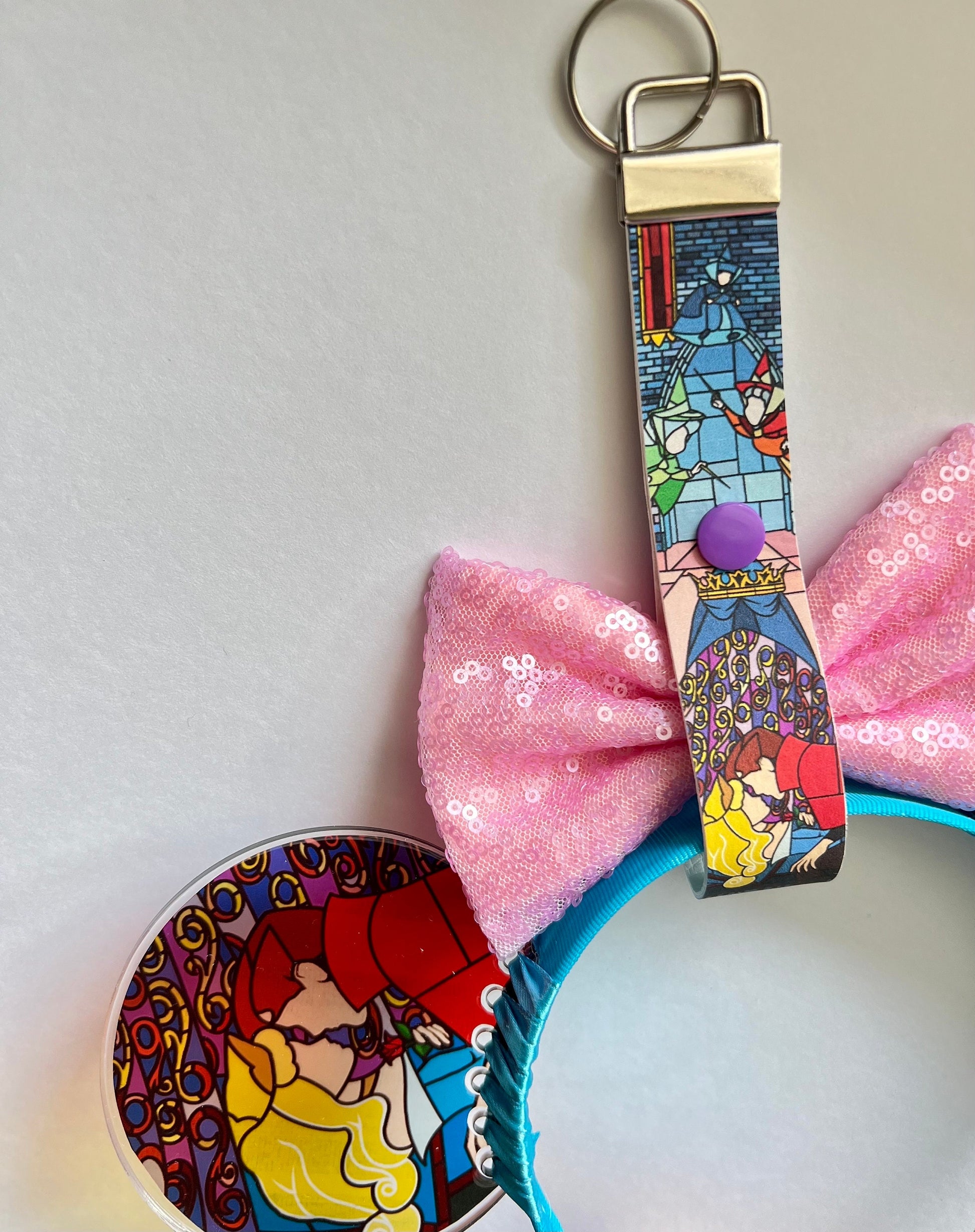 Stained glass inspired Sleeping beauty mouse ear headband holder Maleficent, Keychain, Ear Saver for Backpack Purse Disneyland Paris windows