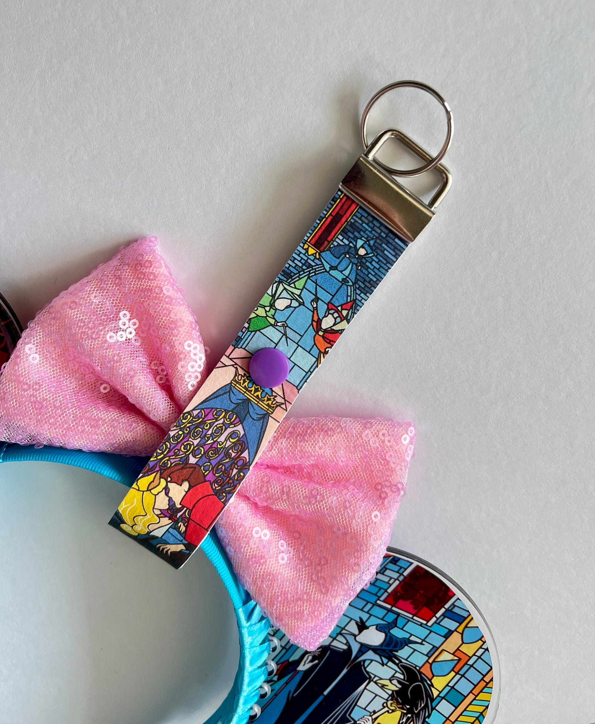 Stained glass inspired Sleeping beauty mouse ear headband holder Maleficent, Keychain, Ear Saver for Backpack Purse Disneyland Paris windows