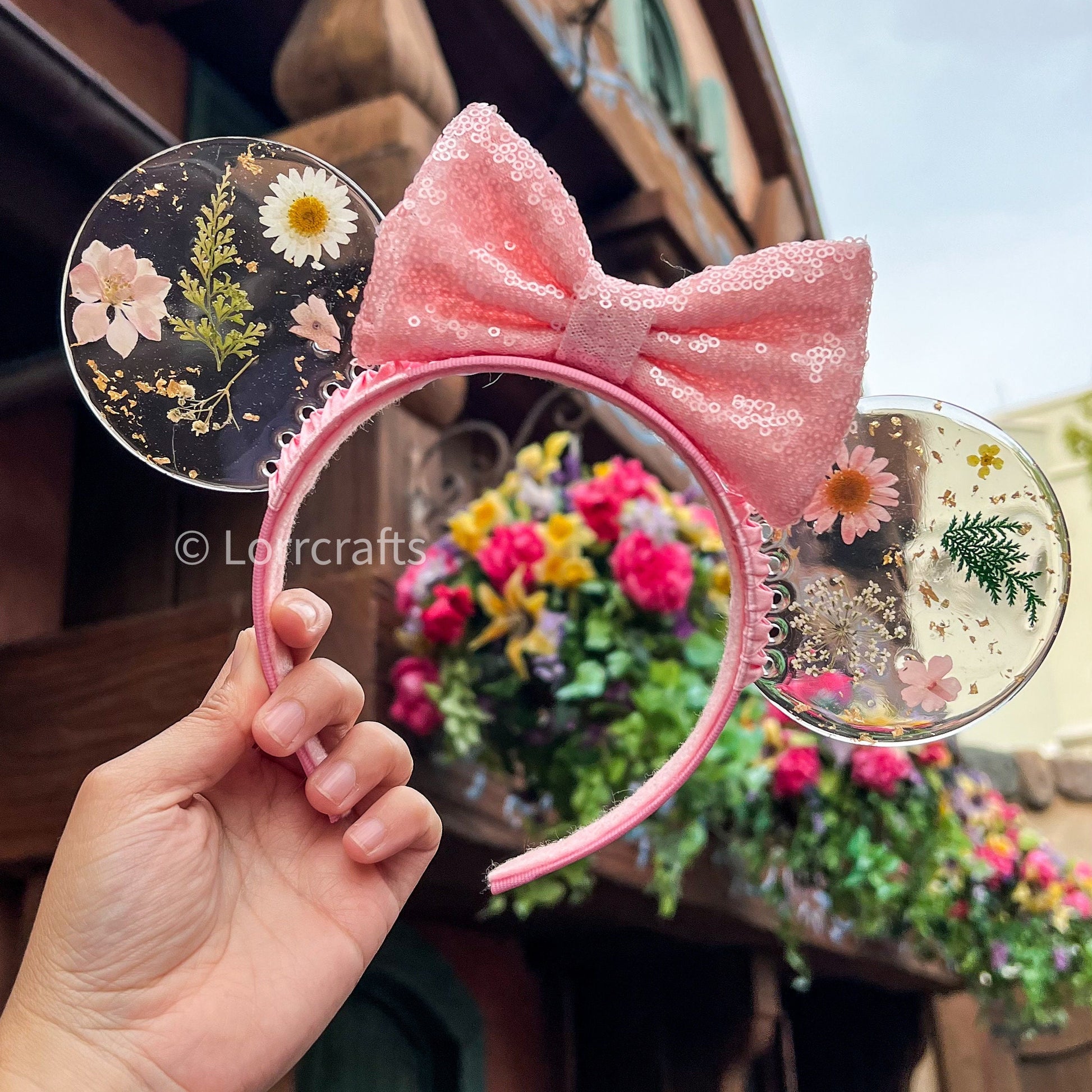 Resin pressed pink flowers mouse ears / Resin dried flowers / pink disney floral mouse ears/ flower & garden festival ears