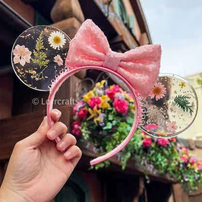 Resin pressed pink  flowers mouse ears / Resin dried flowers / pink floral ears/ flower and garden festival ears