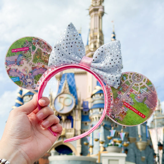 Magic kingdom Park map ears/ fantasyland map ears / Pink and silver glitter disney map ears
