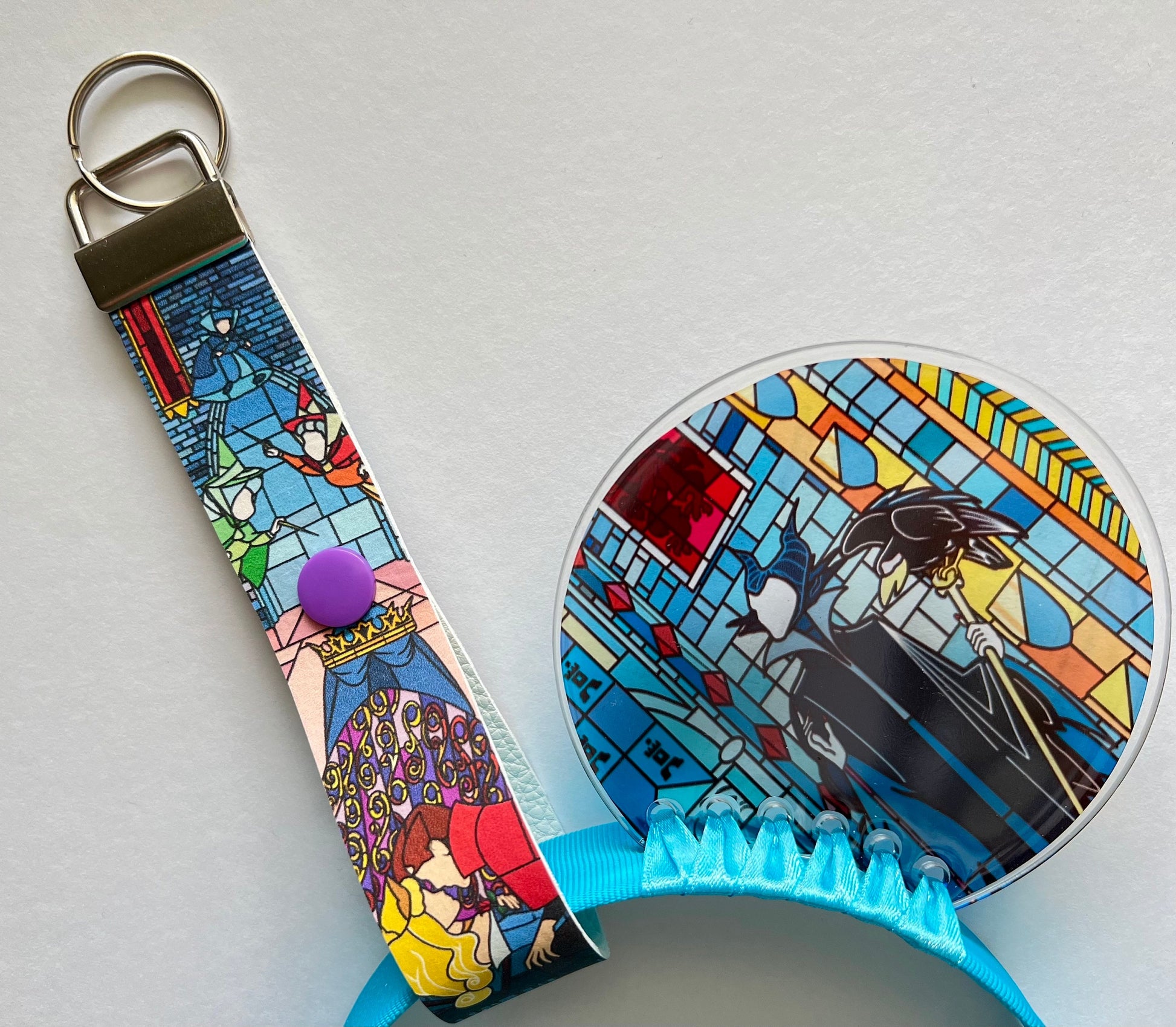 Stained glass inspired Sleeping beauty mouse ear headband holder Maleficent, Keychain, Ear Saver for Backpack Purse Disneyland Paris windows