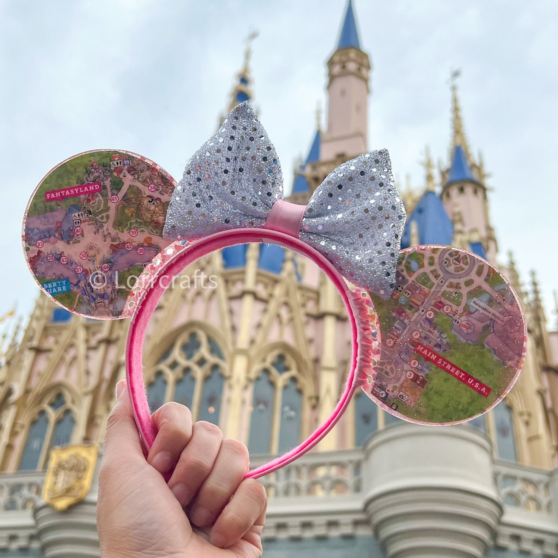 Magic kingdom Park map ears/ fantasyland map ears / Pink and silver glitter disney map ears