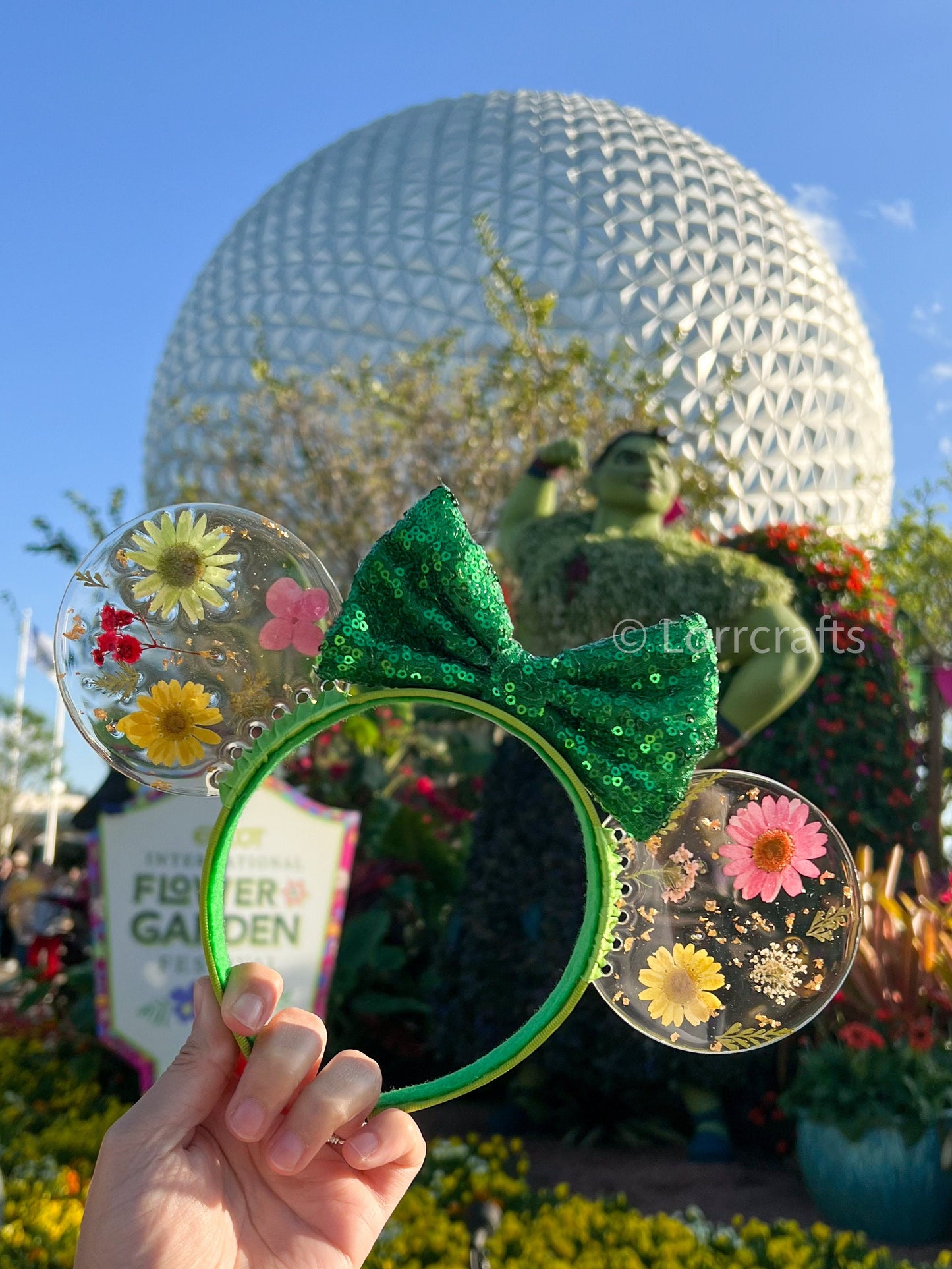 Green Resin pressed flowers mouse ears / Resin dried flowers / topiary inspired ears/ flower and garden festival ears