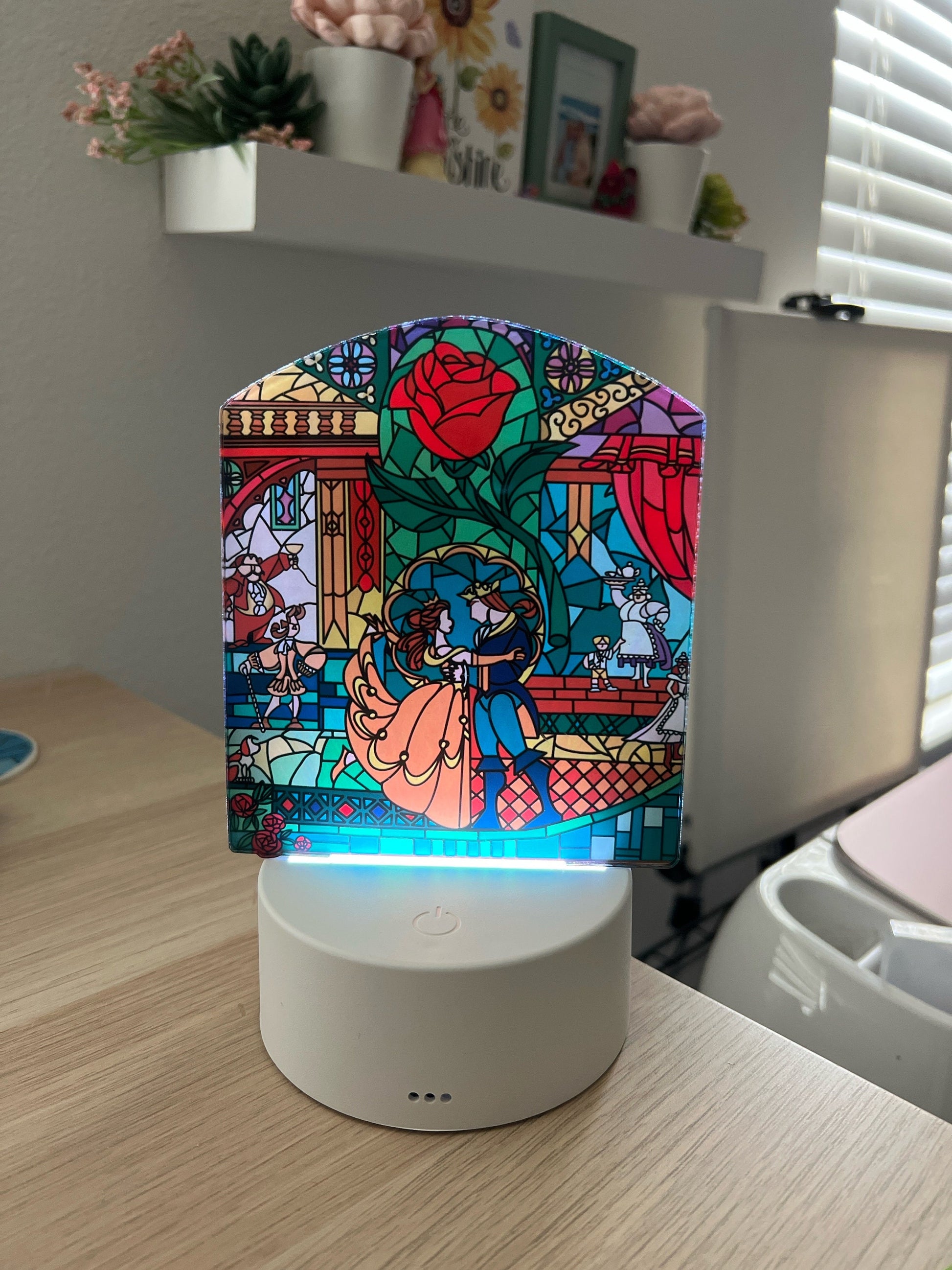 Enchanted Rose LED Lamp | Stained Glass Beauty and the Beast Color-Changing Light | Fairytale Home Décor