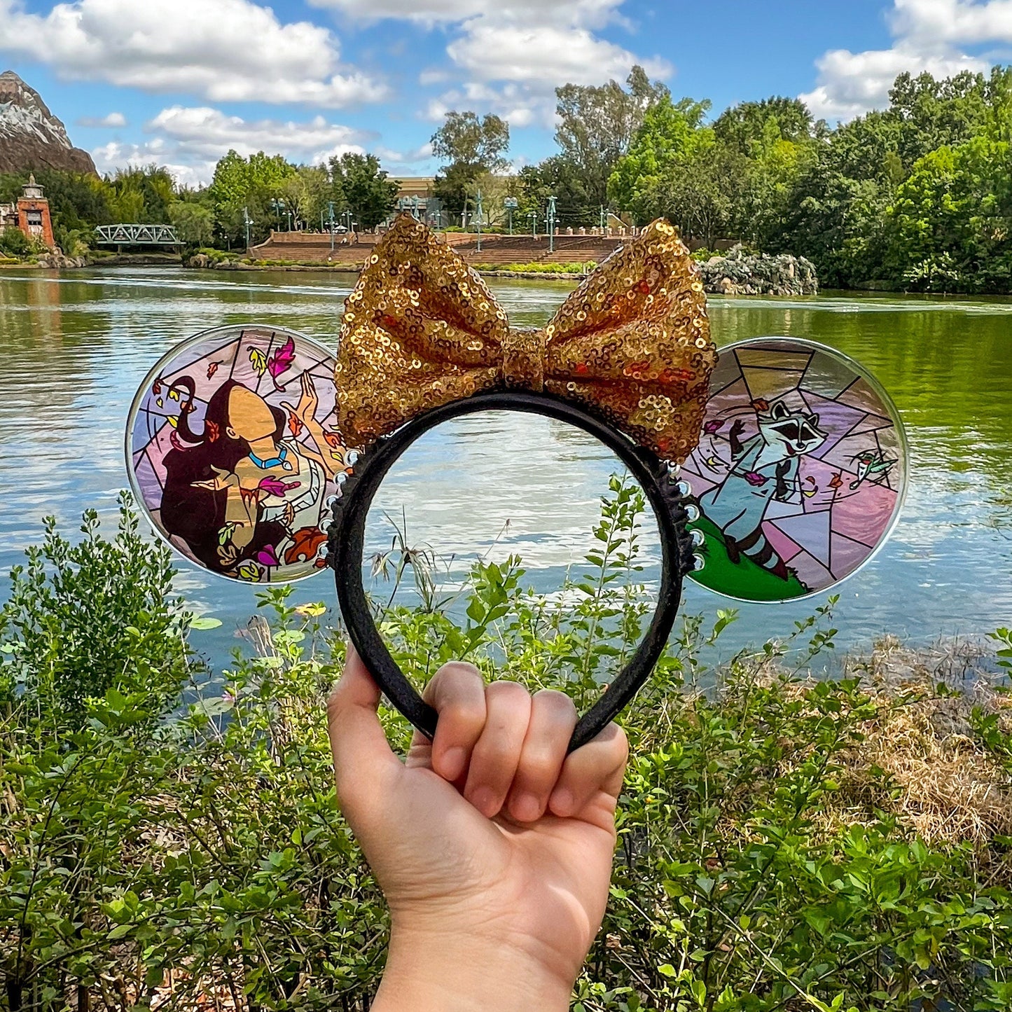 Pocahontas Faux stained glass ears resin ears /meeko and Pocahontas mouse ears