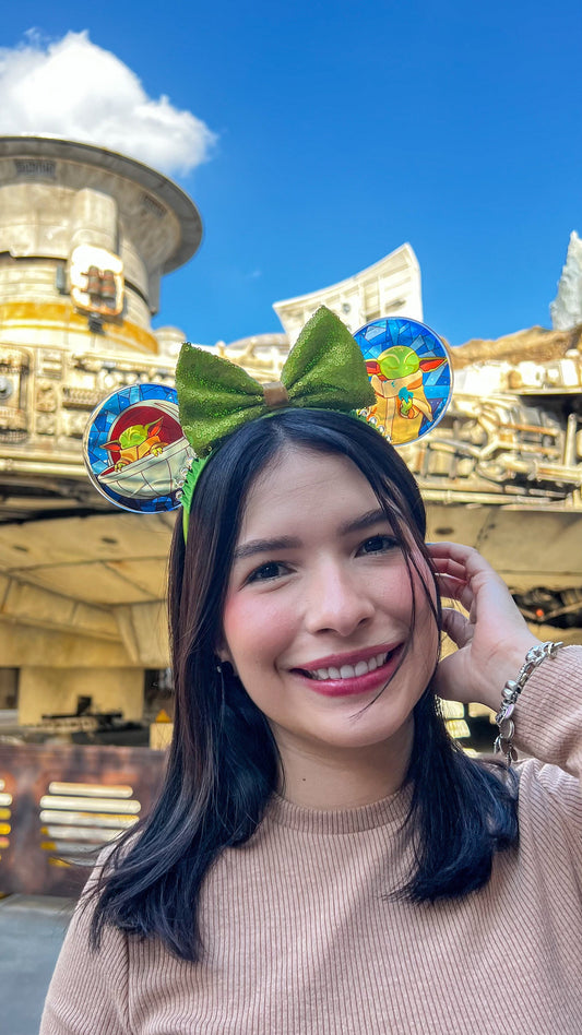 Grogu Stained Glass Mouse Ears, Star Wars Baby Yoda resin Headband, The Mandalorian Disney Park Headband