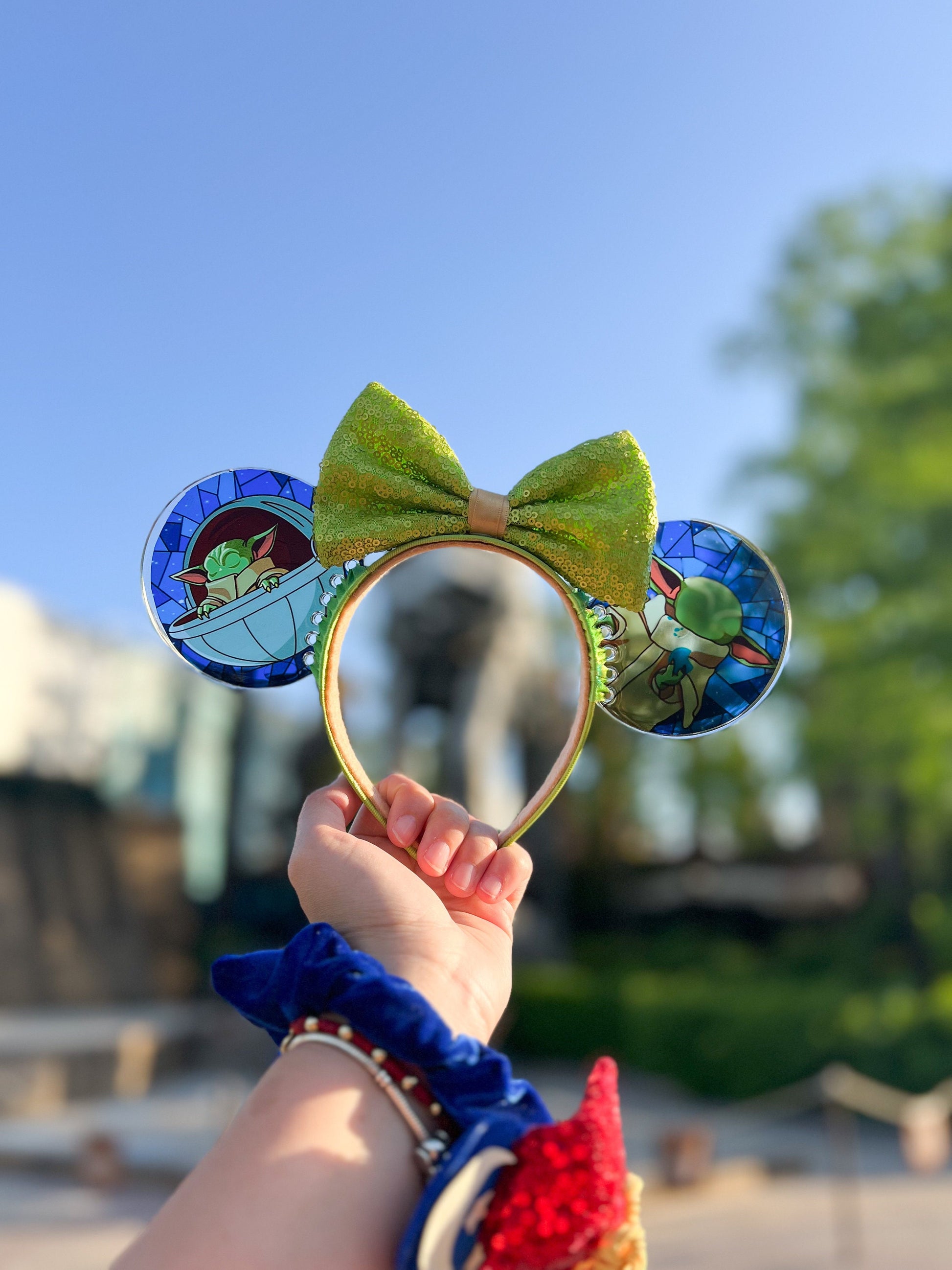Grogu Stained Glass Mouse Ears, Star Wars Baby Yoda resin Headband, The Mandalorian Disney Park Headband