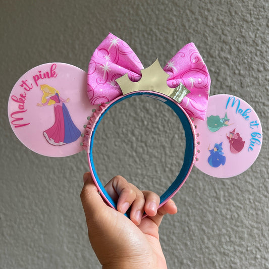 Make it pink make it blue sleeping beauty ears / UV Color changing Aurora mouse ears/