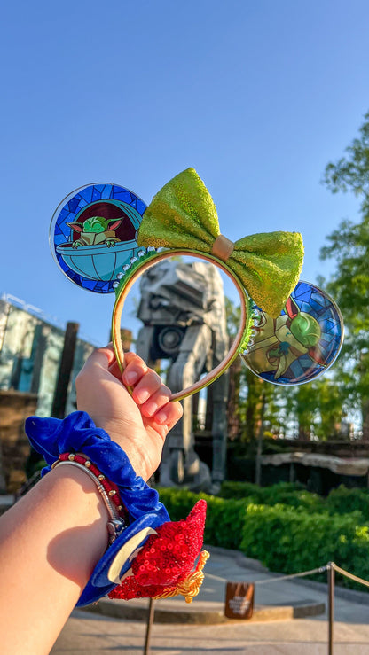 Grogu Stained Glass Mouse Ears, Star Wars Baby Yoda resin Headband, The Mandalorian Disney Park Headband
