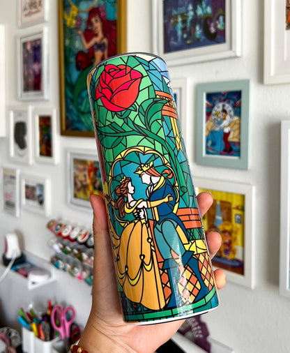 Beauty and the beast Tumbler, stained glass be our guest skinny tumbler